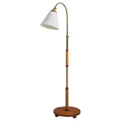 Lampada da terra di design svedese, ottone, legno, tessuto, Svezia, anni '1940