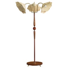 Swedish Designer, Floor Lamp, Brass, Wood, Fabric, Sweden, 1940s