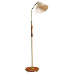 Swedish Designer, Floor Lamp, Brass, Wood, Fabric, Sweden, 1950s