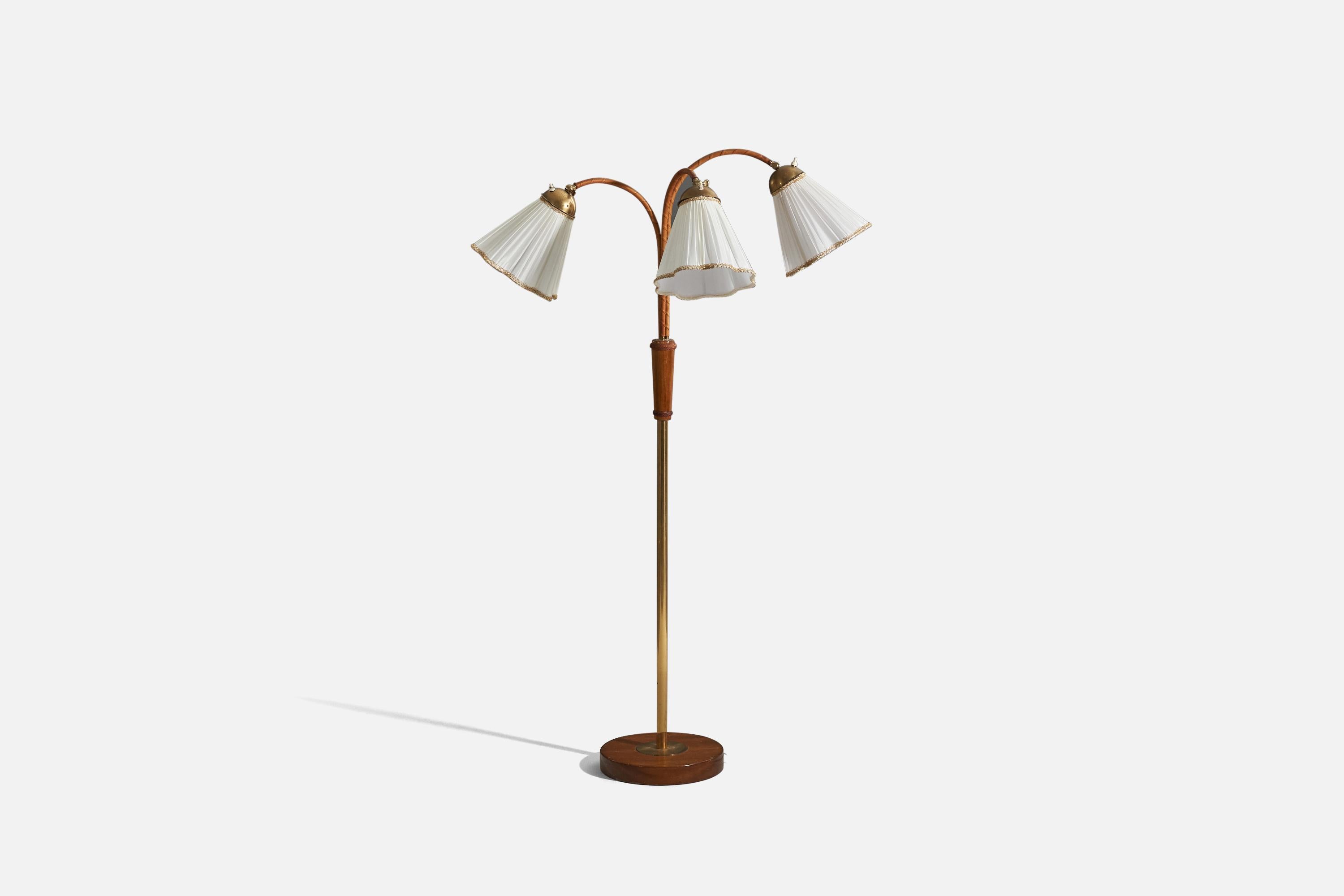 Scandinavian Modern Swedish Designer, Floor Lamp, Brass, Wood, Leather, Fabric, Sweden, 1950s For Sale