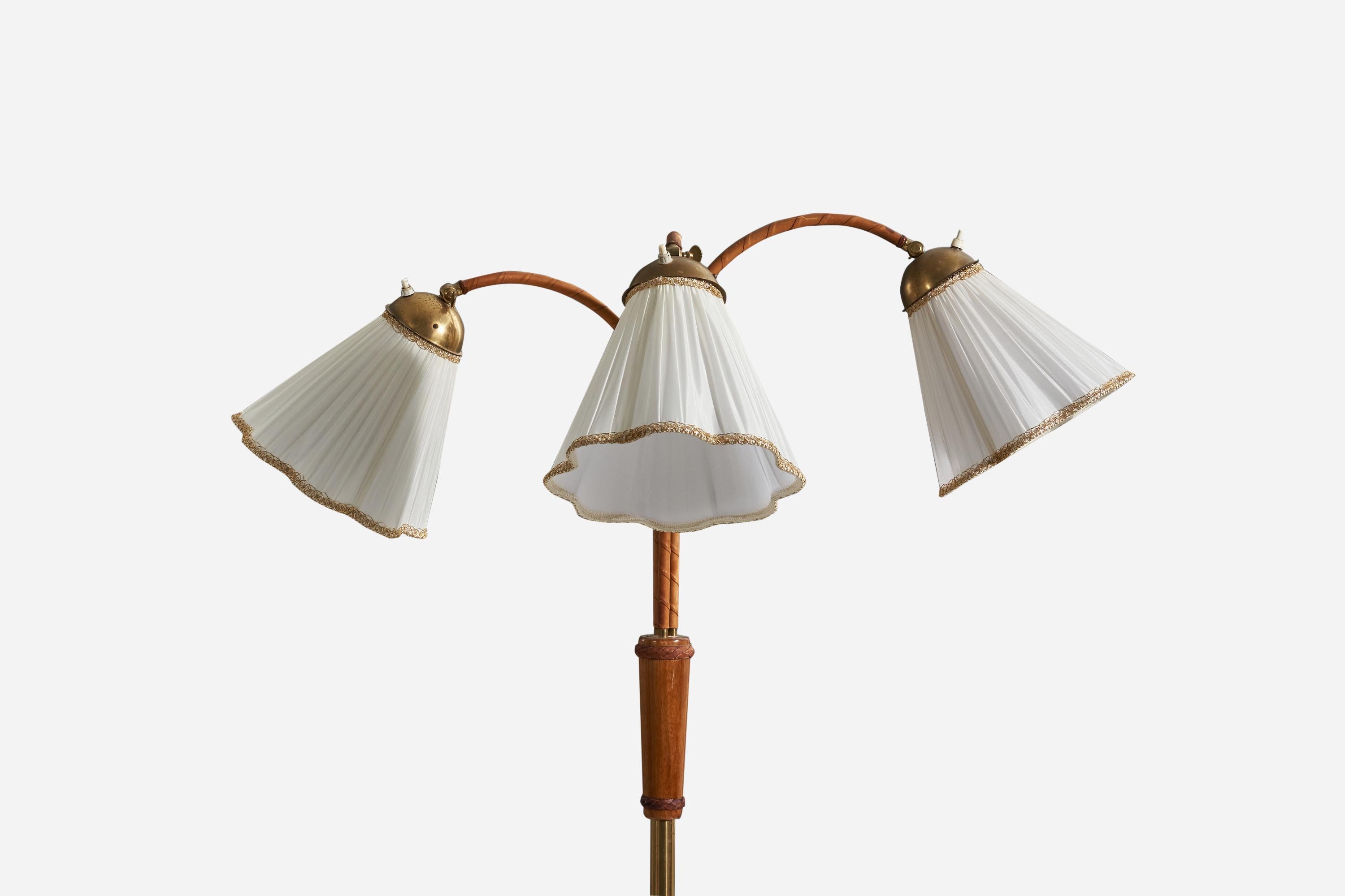 Swedish Designer, Floor Lamp, Brass, Wood, Leather, Fabric, Sweden, 1950s In Good Condition For Sale In High Point, NC