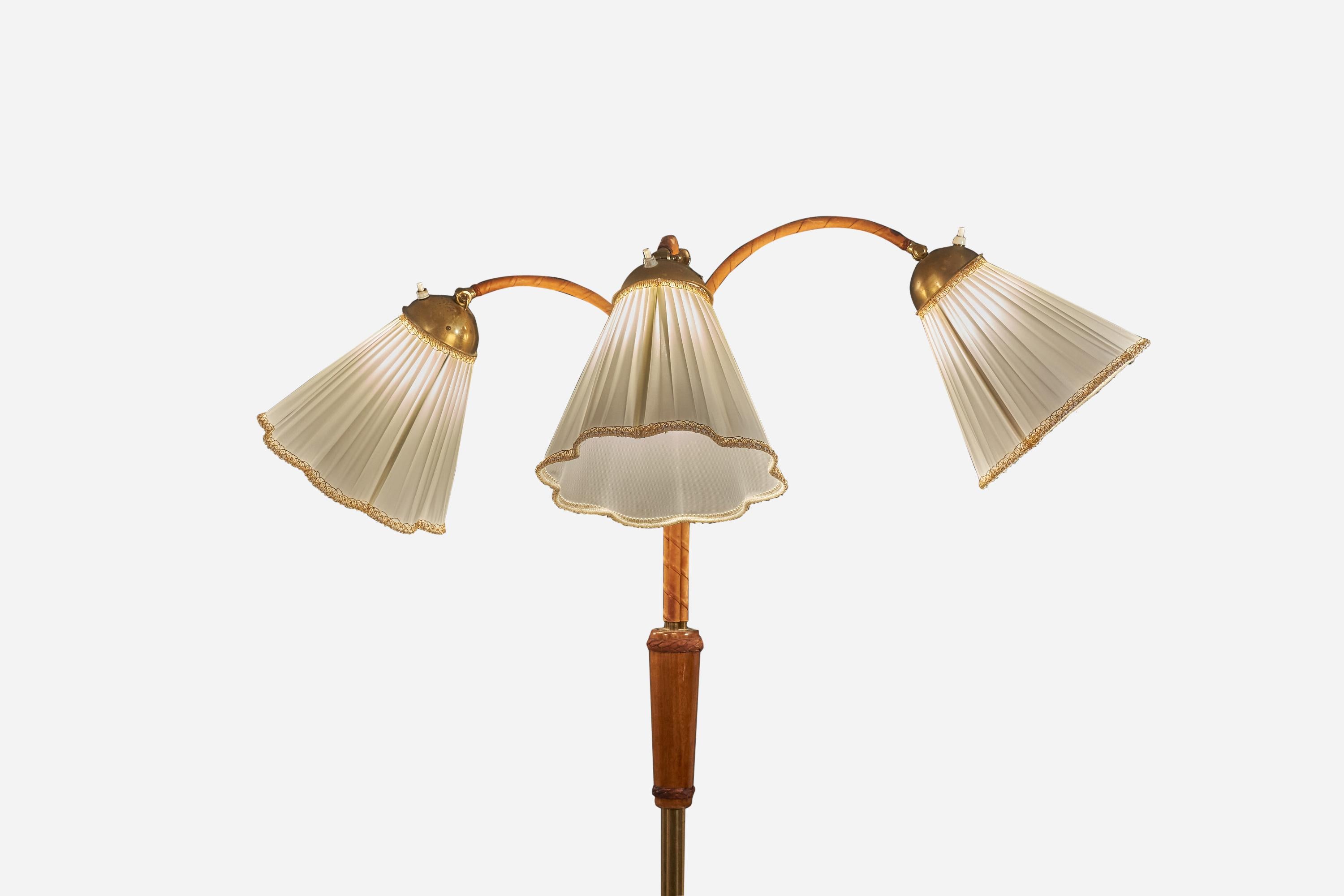Mid-20th Century Swedish Designer, Floor Lamp, Brass, Wood, Leather, Fabric, Sweden, 1950s For Sale