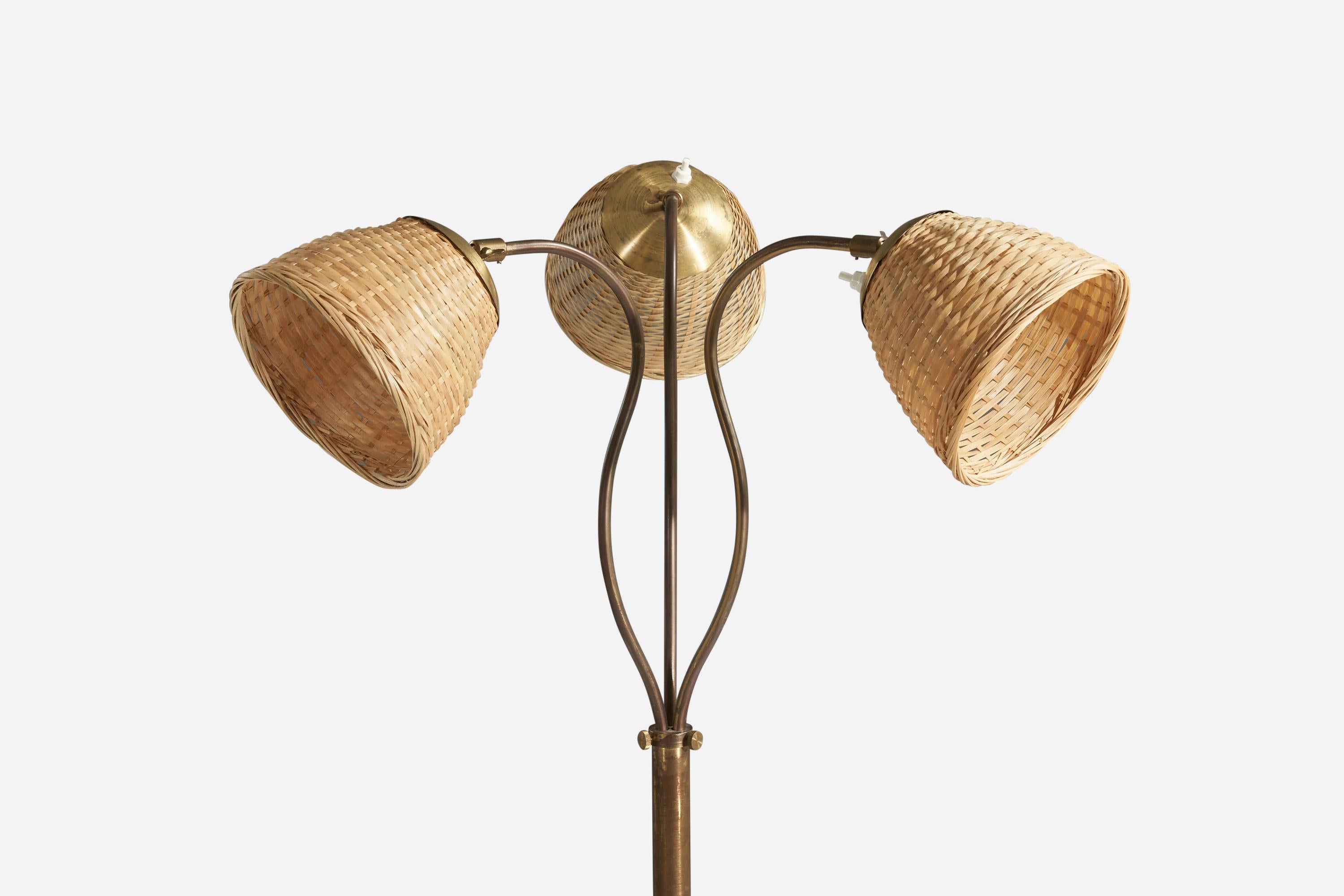Scandinavian Modern Swedish Designer, Floor Lamp, Brass, Wood, Rattan, Sweden, 1940s For Sale