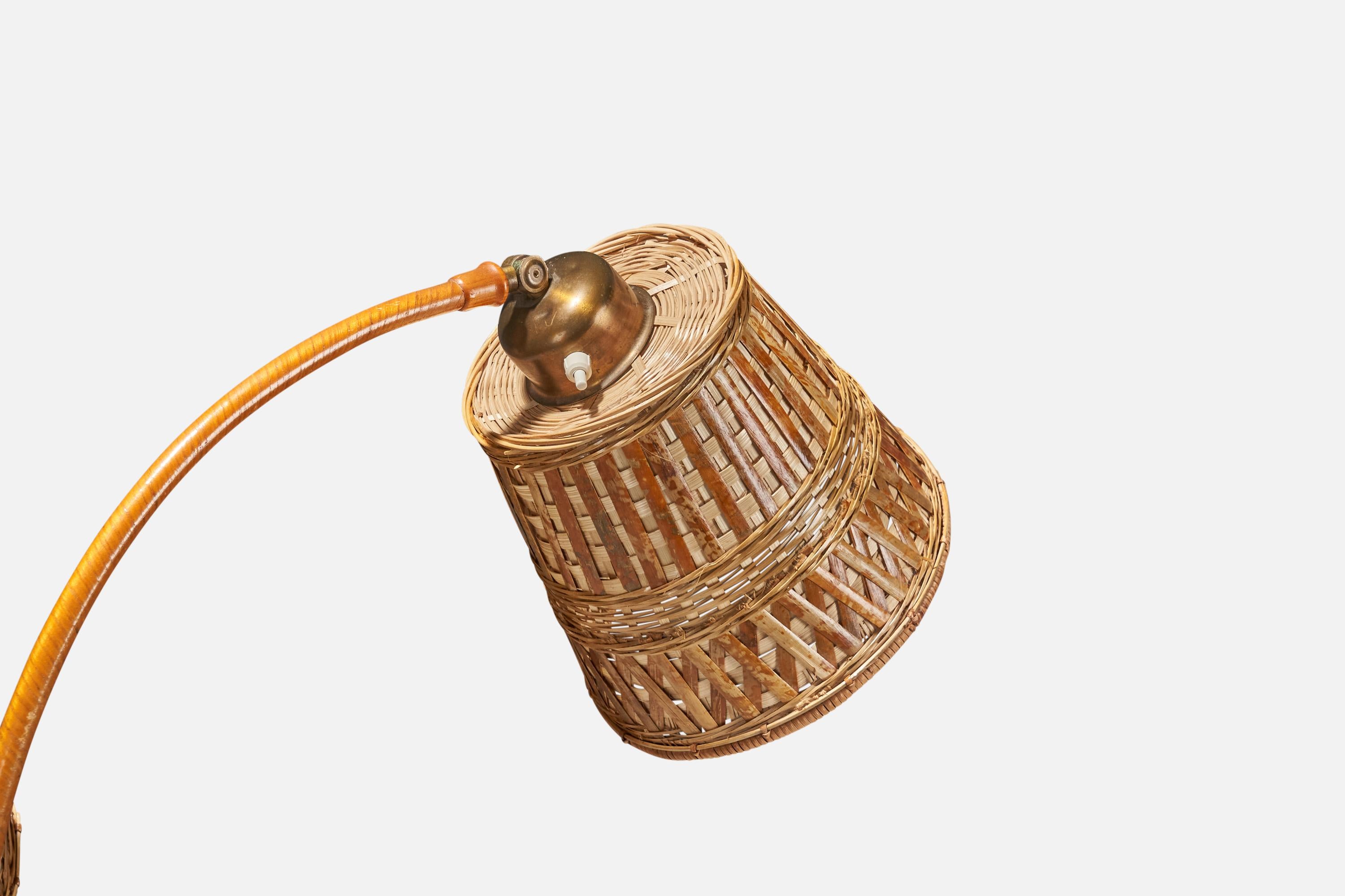 Swedish Designer, Floor Lamp, Brass, Wood, Wrapped Veneer, Rattan, Sweden, 1930s In Good Condition In High Point, NC