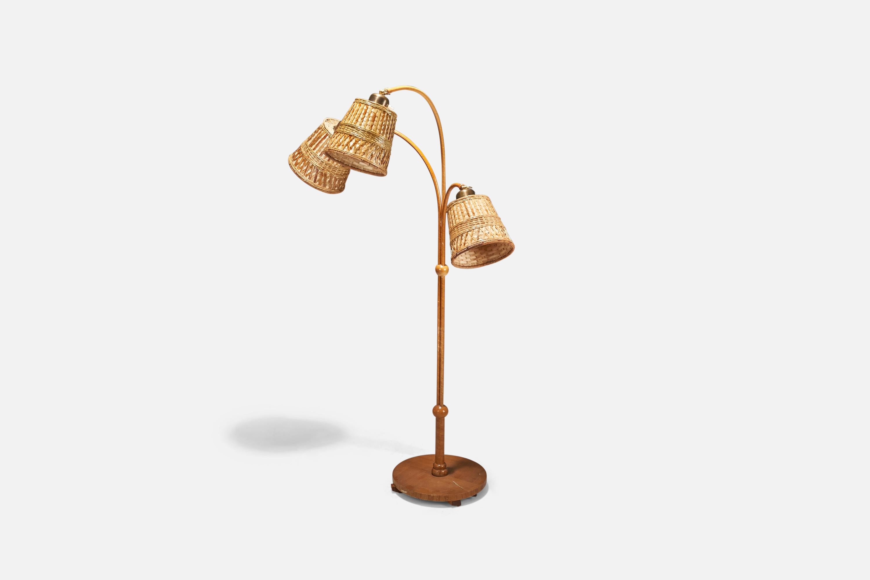 Mid-20th Century Swedish Designer, Floor Lamp, Brass, Wood, Wrapped Veneer, Rattan, Sweden, 1930s