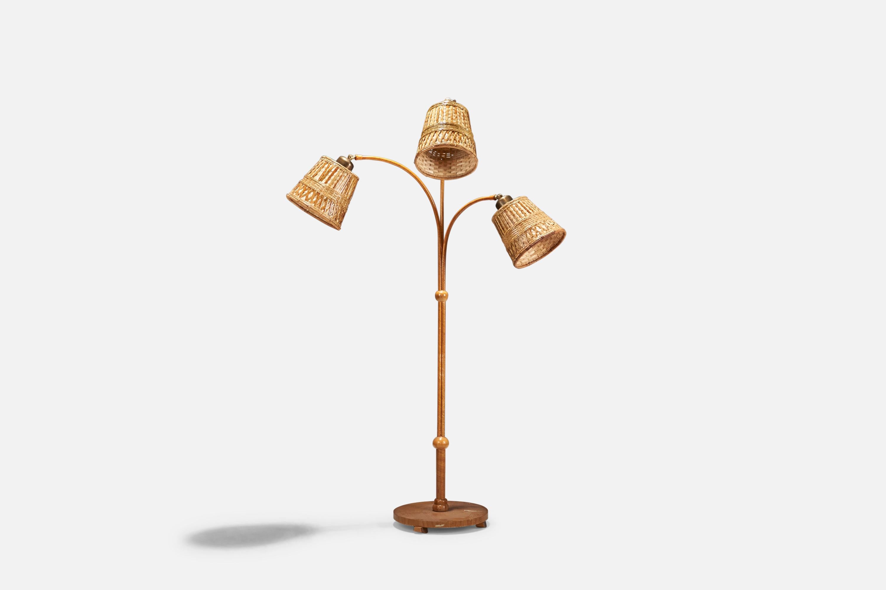 Swedish Designer, Floor Lamp, Brass, Wood, Wrapped Veneer, Rattan, Sweden, 1930s 1
