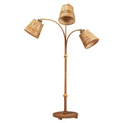 Swedish Designer, Floor Lamp, Brass, Wood, Wrapped Veneer, Rattan, Sweden, 1930s