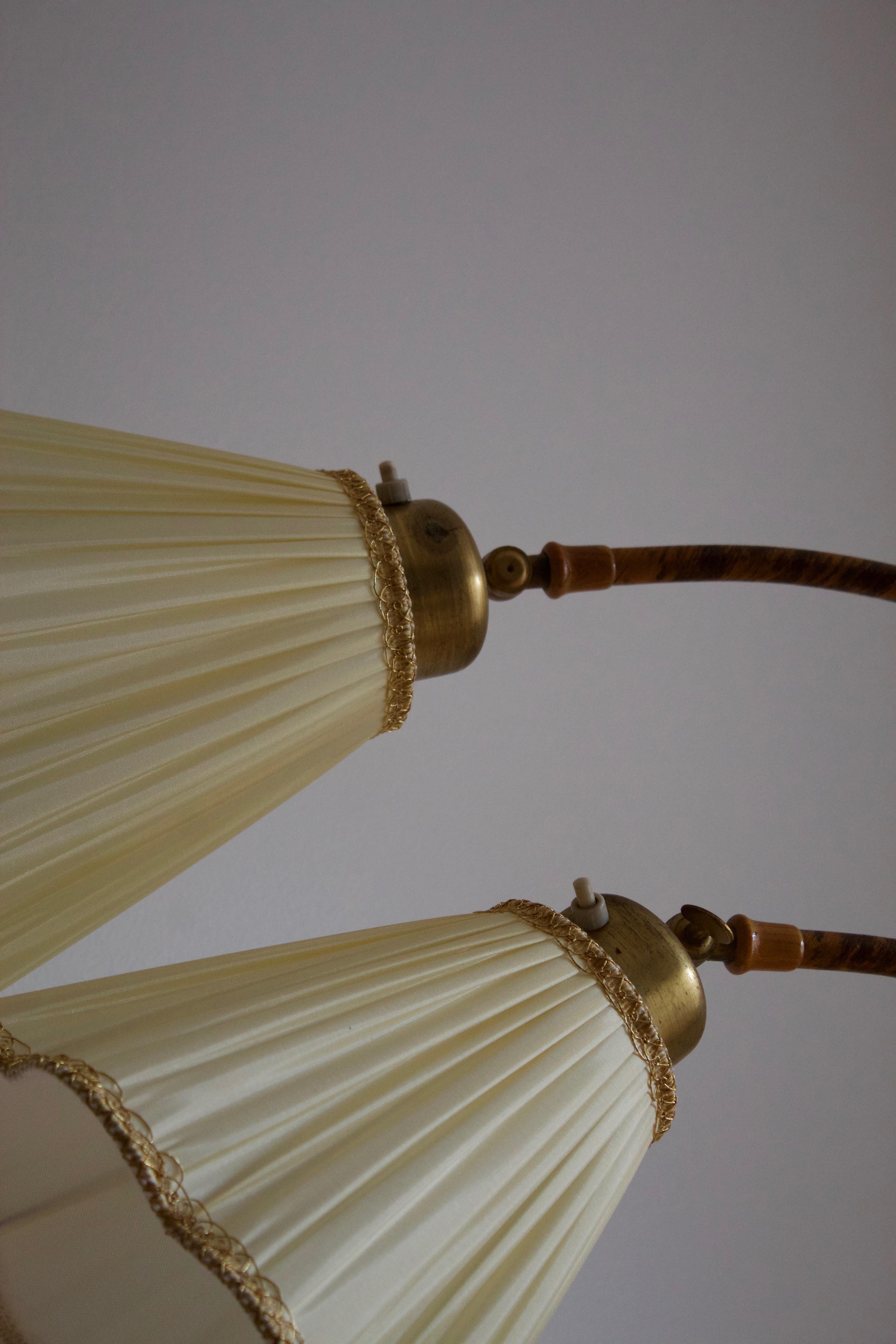 Swedish Designer, Floor Lamp, Brass, Wrapped Bark, Wood, Fabric, Sweden, 1930s In Good Condition In High Point, NC