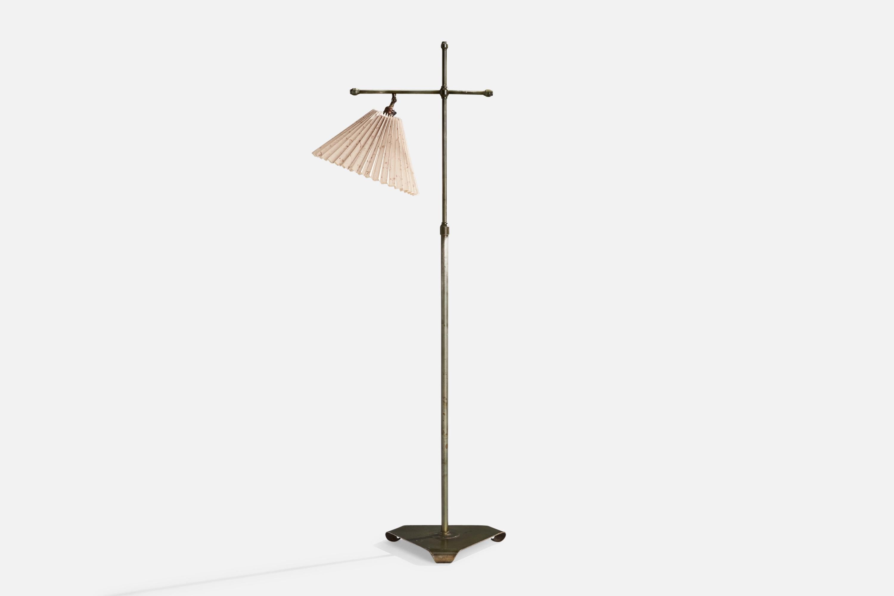 Scandinavian Modern Swedish Designer, Floor Lamp, Bronze, Fabric, Sweden, 1940s For Sale