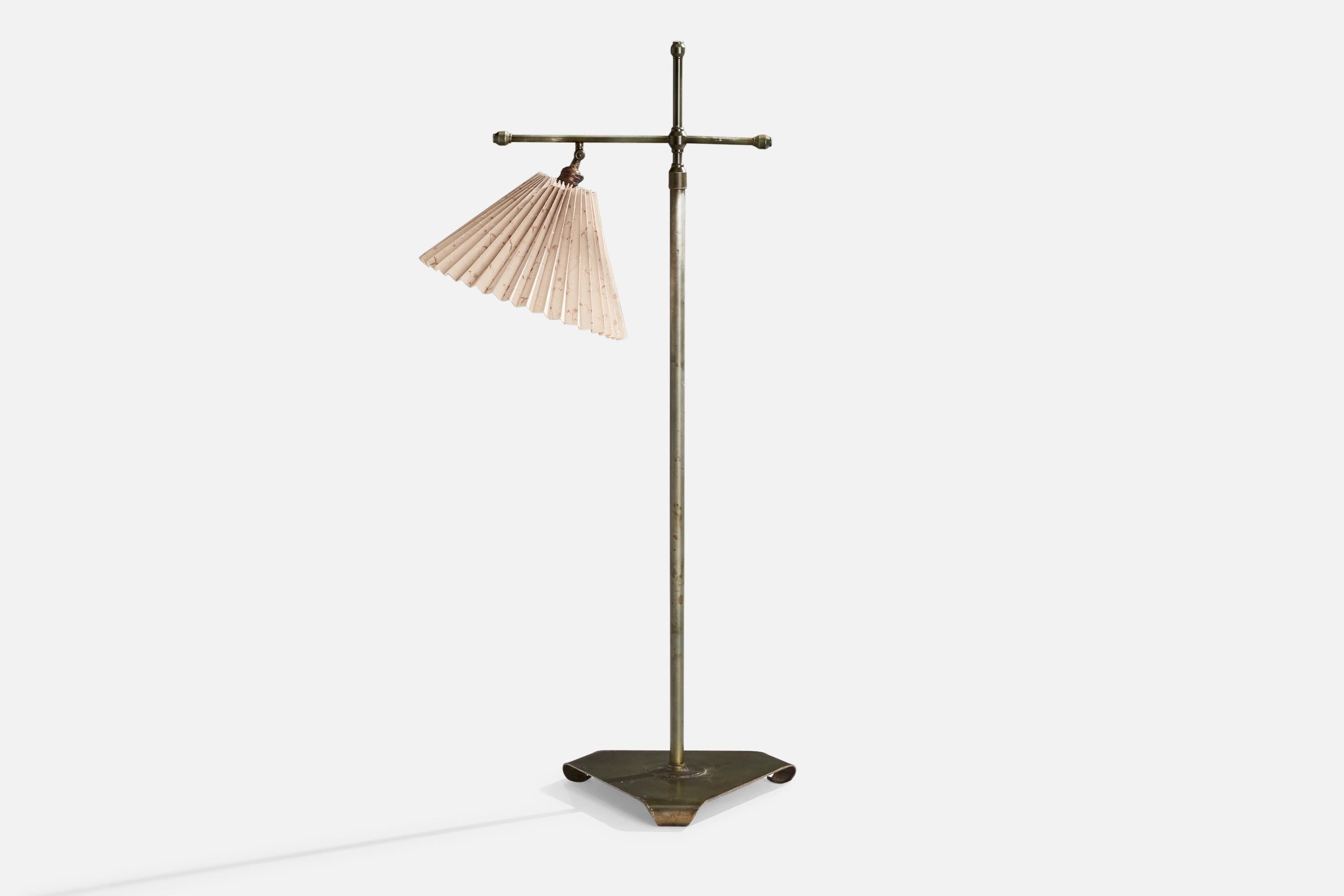 Swedish Designer, Floor Lamp, Bronze, Fabric, Sweden, 1940s In Good Condition For Sale In High Point, NC