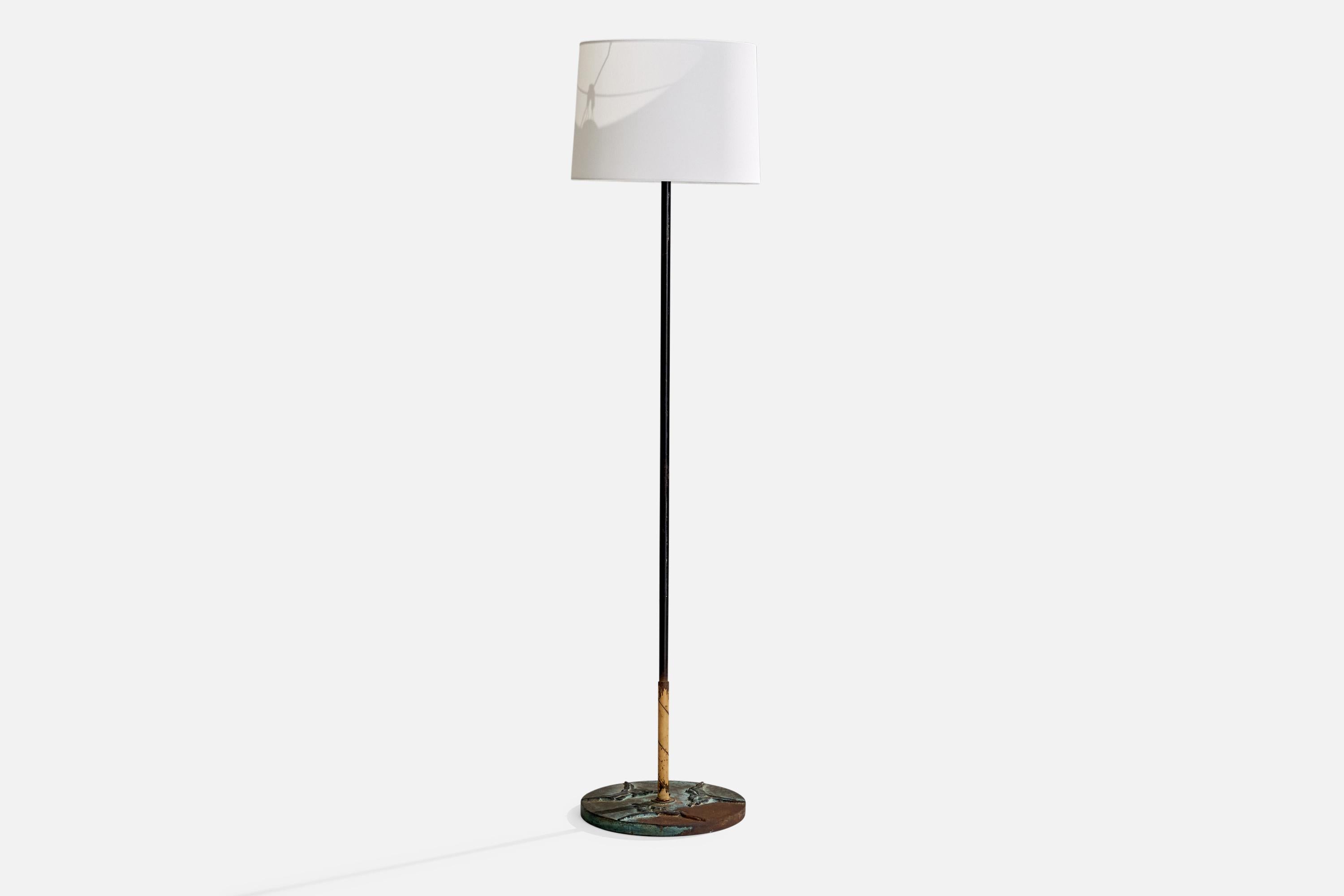 A bronze and beige and black-lacquered metal and white fabric floor lamp designed and produced in Sweden, 1930s.

Overall Dimensions (inches): 53” H x 13” W x 13” D
Stated dimensions include shade.
Bulb Specifications: E-26 Bulb
Number of Sockets: