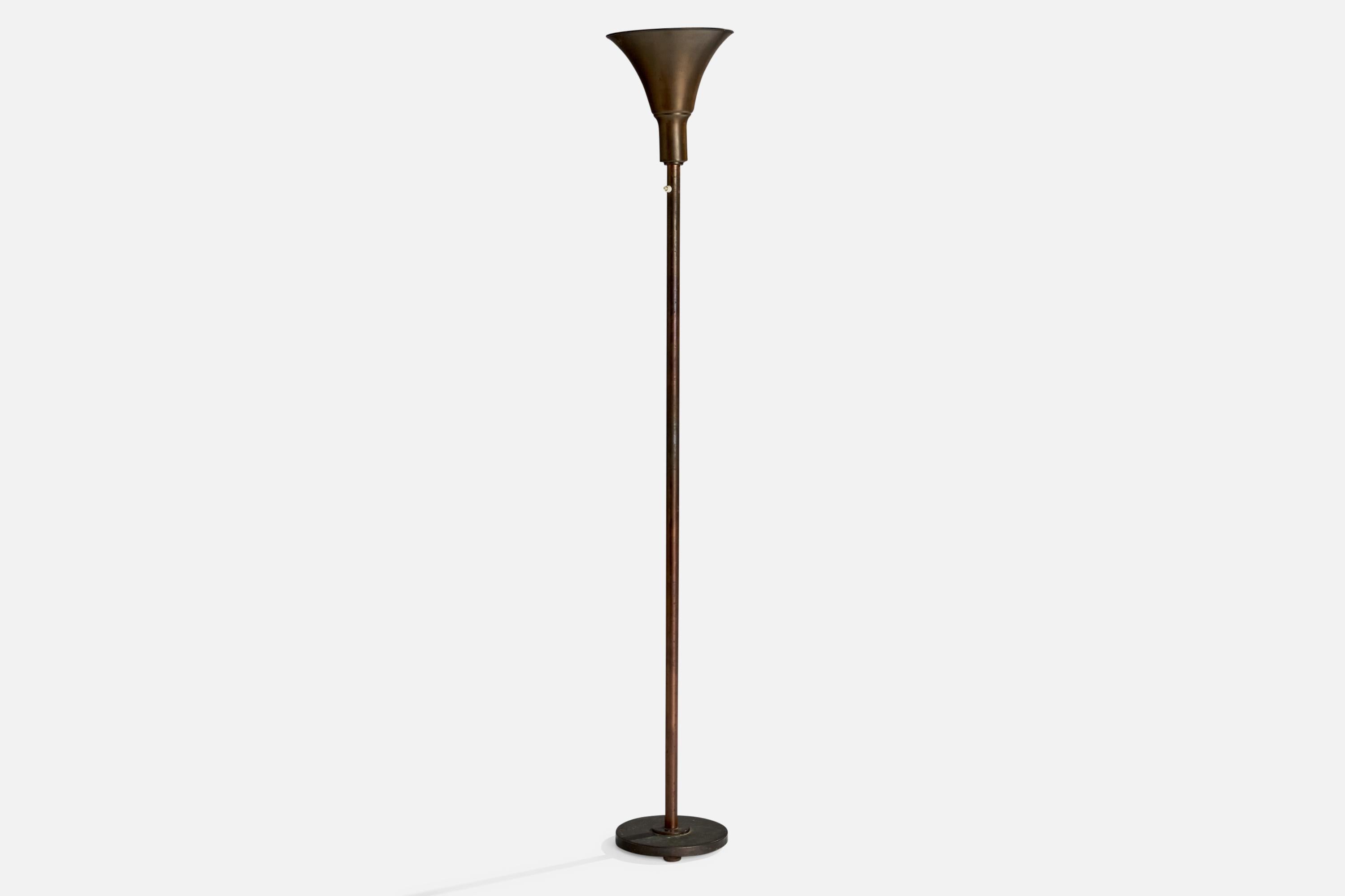 A bronze uplight floor lamp designed and produced in Sweden, c. 1930s.

Overall Dimensions (inches): 68.51” H x 10.44”  W x 10.44”  D
Stated dimensions include shade.
Bulb Specifications: E-26 Bulb
Number of Sockets: 1
All lighting will be converted