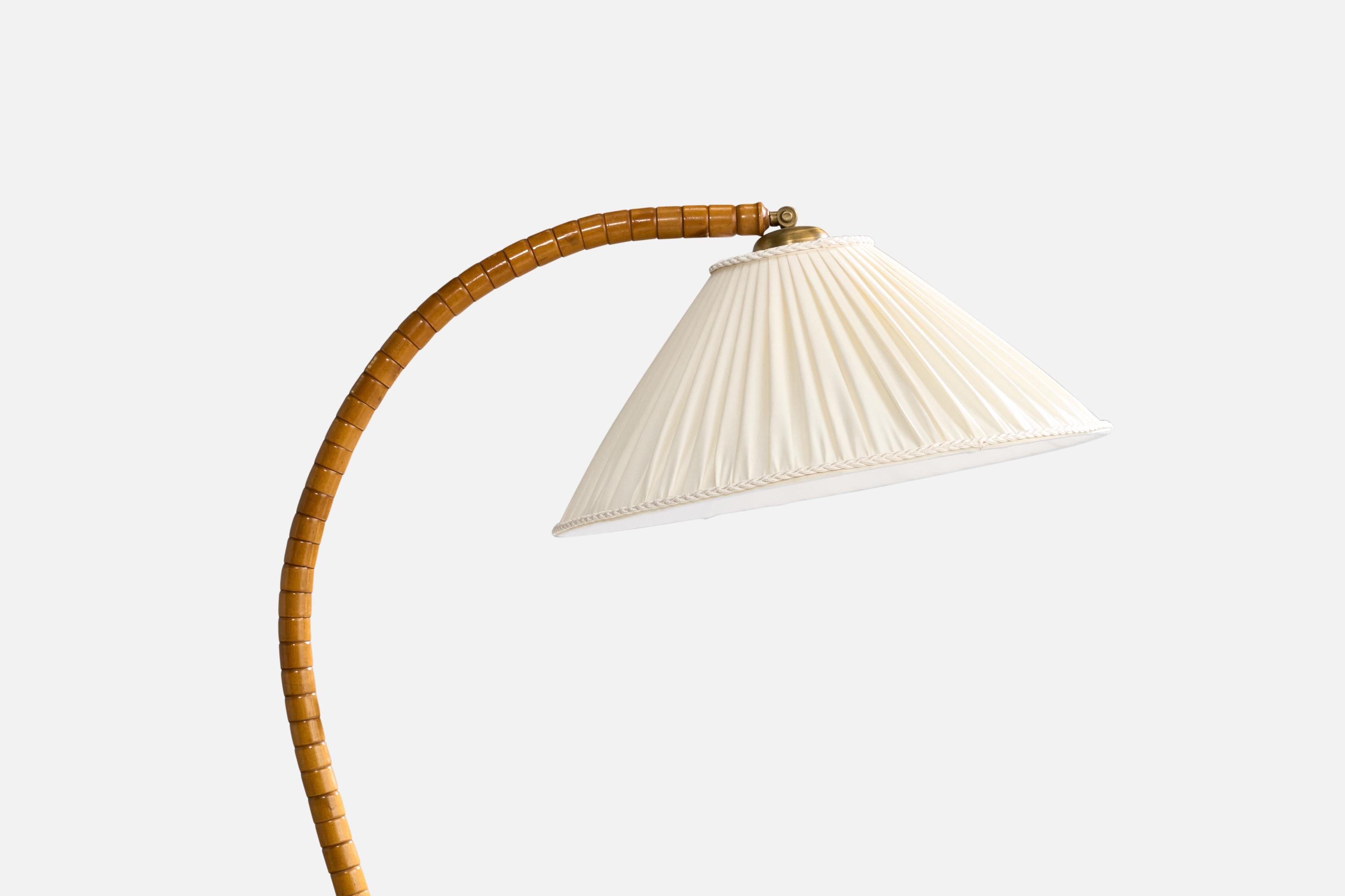 Swedish Designer, Floor Lamp, Burl, Wood, Metal, Brass, Fabric, Sweden, 1940s In Good Condition For Sale In High Point, NC