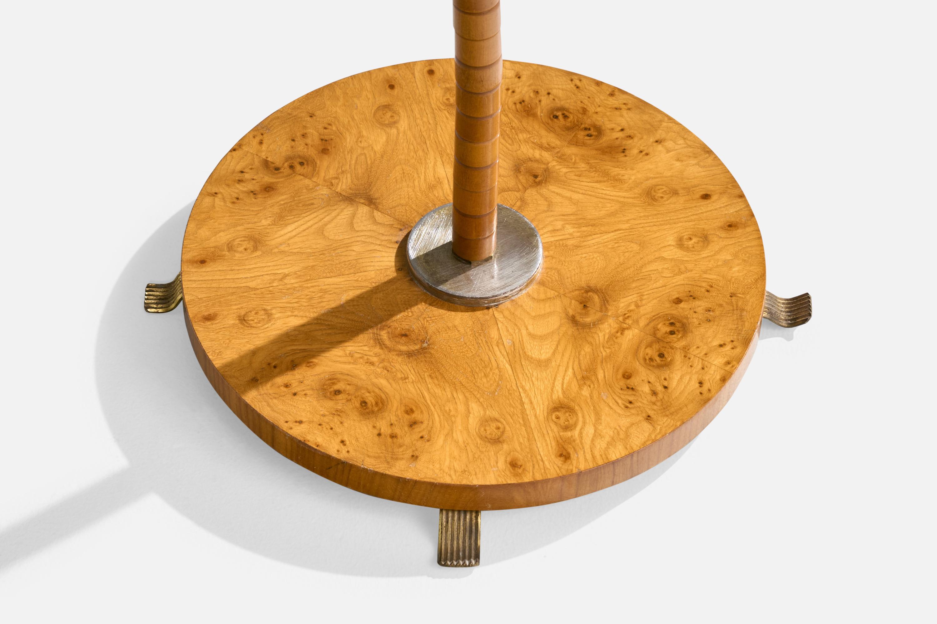 Swedish Designer, Floor Lamp, Burl, Wood, Metal, Brass, Fabric, Sweden, 1940s For Sale 3