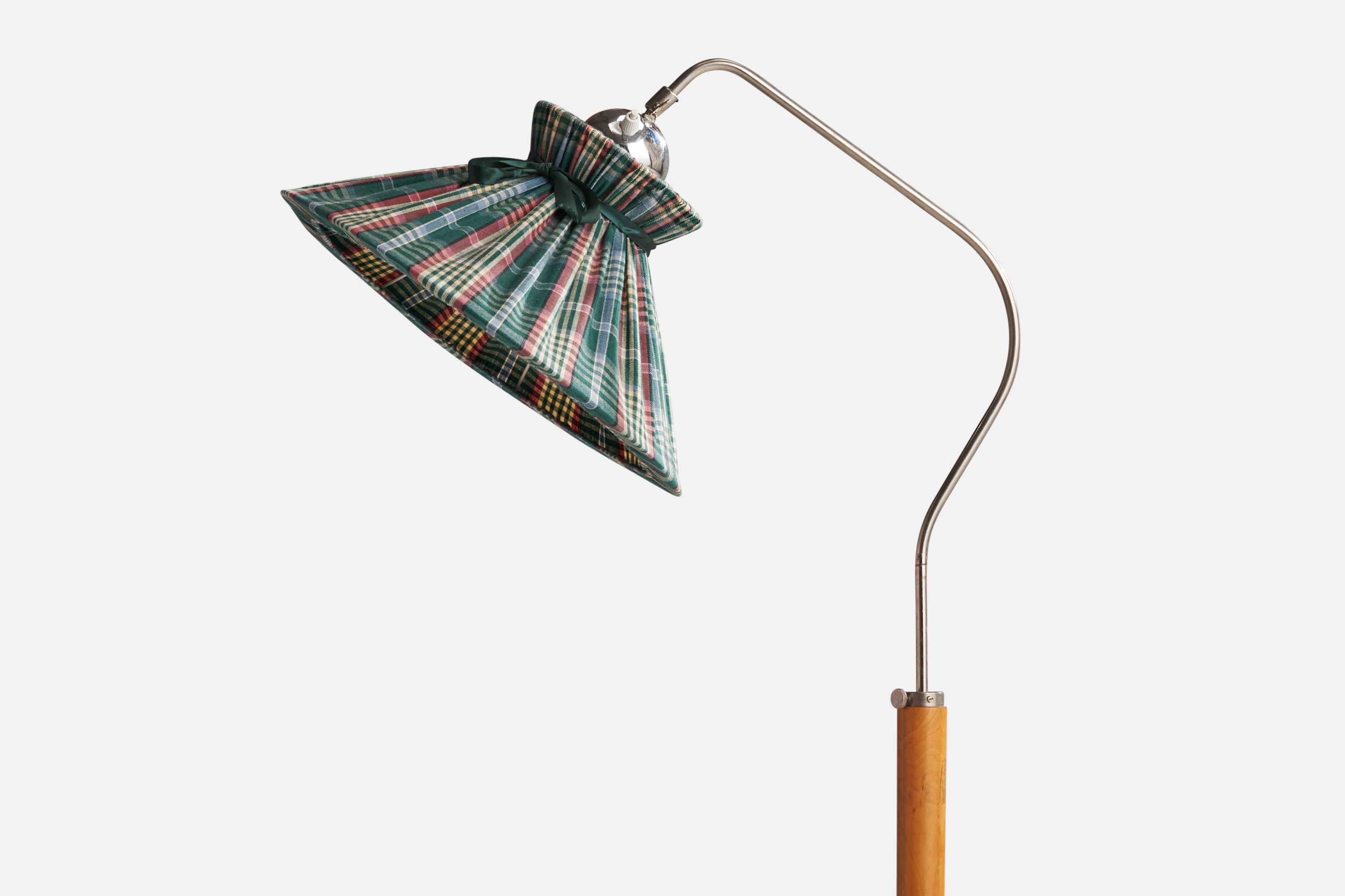 Scandinavian Modern Swedish Designer, Floor Lamp, Chrome, Birch, Fabric, Sweden, 1940s For Sale