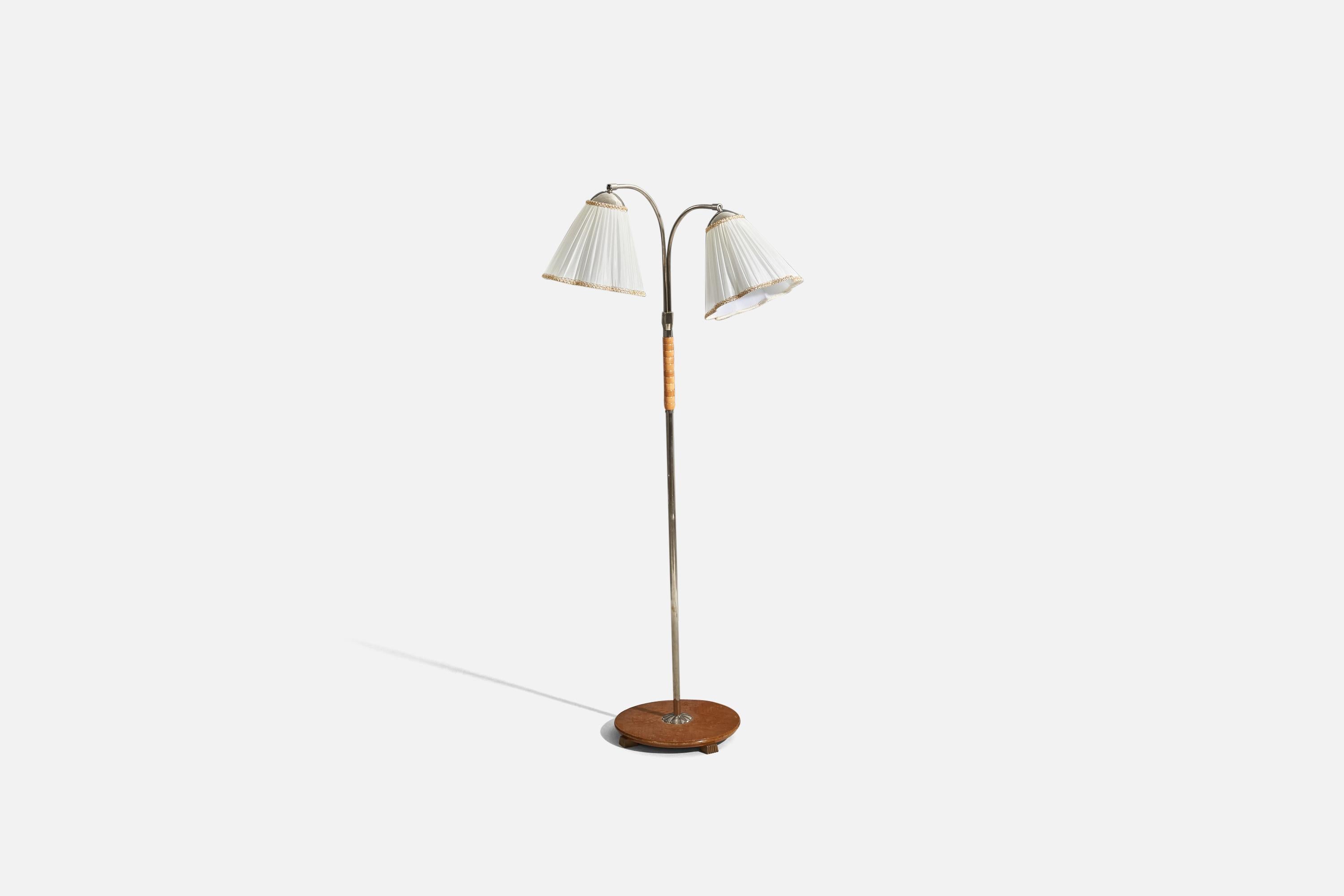 Scandinavian Modern Swedish Designer, Floor Lamp, Chrome, Wood, Fabric, Sweden, 1940s For Sale