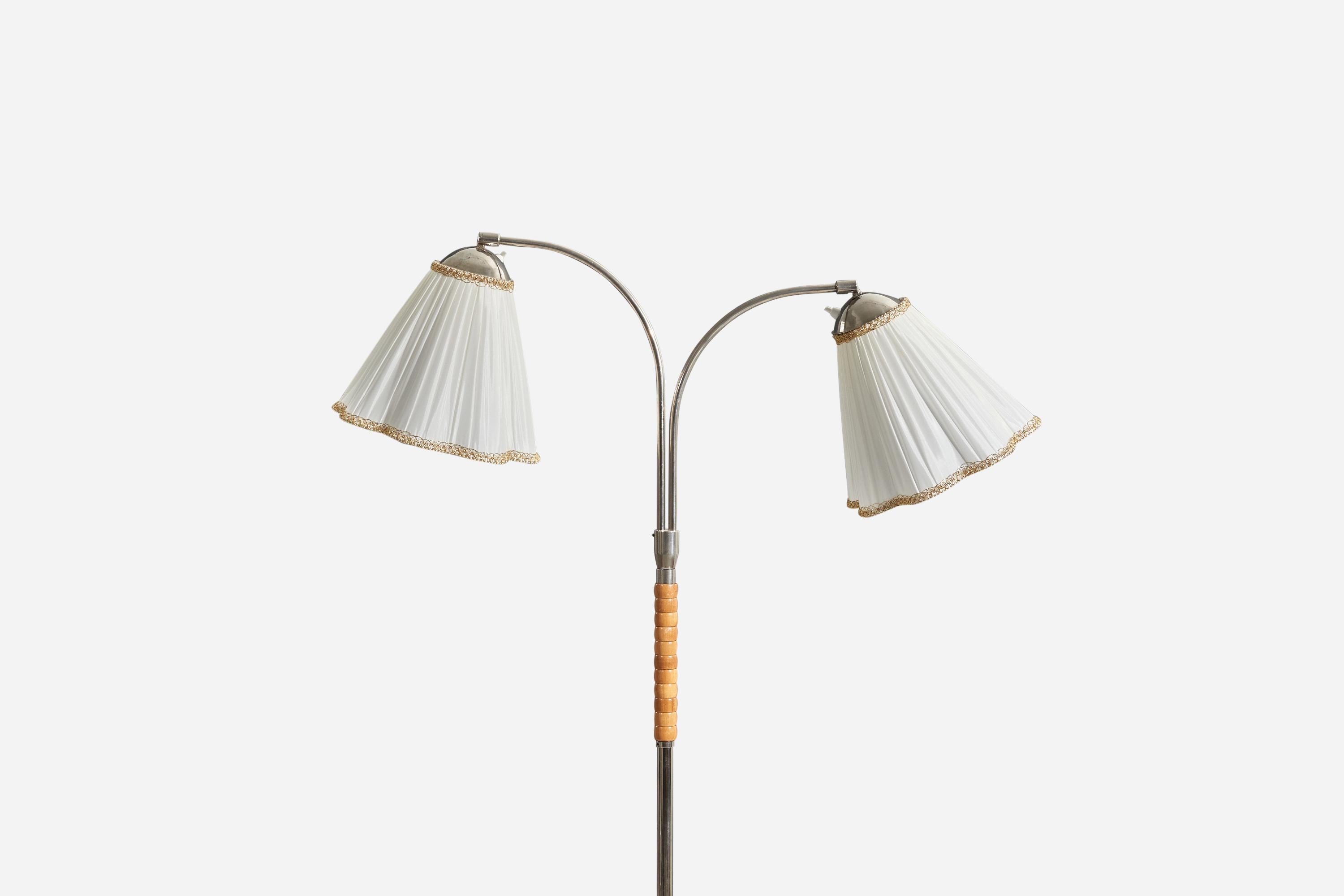 Swedish Designer, Floor Lamp, Chrome, Wood, Fabric, Sweden, 1940s In Good Condition For Sale In High Point, NC