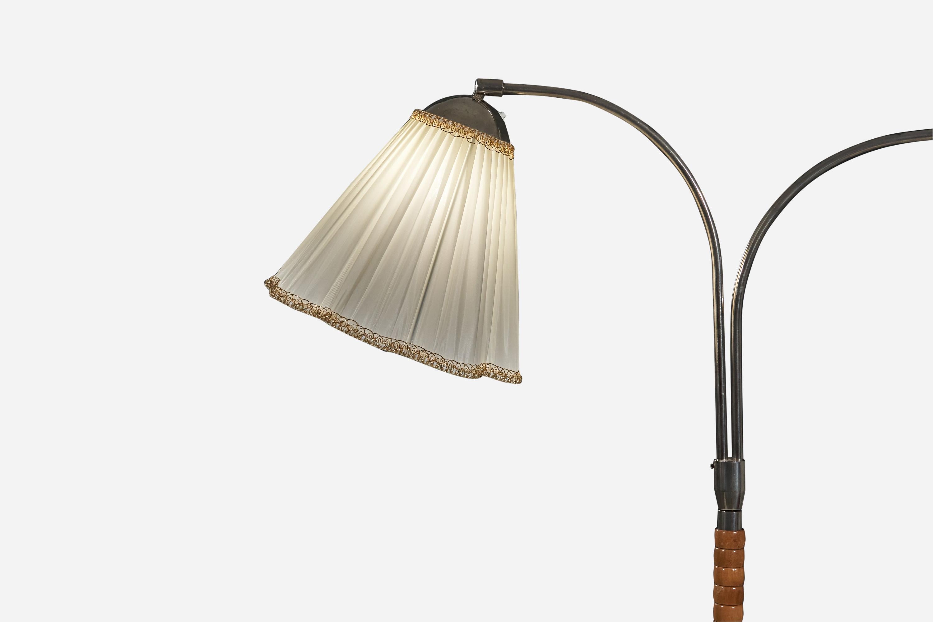 Mid-20th Century Swedish Designer, Floor Lamp, Chrome, Wood, Fabric, Sweden, 1940s For Sale