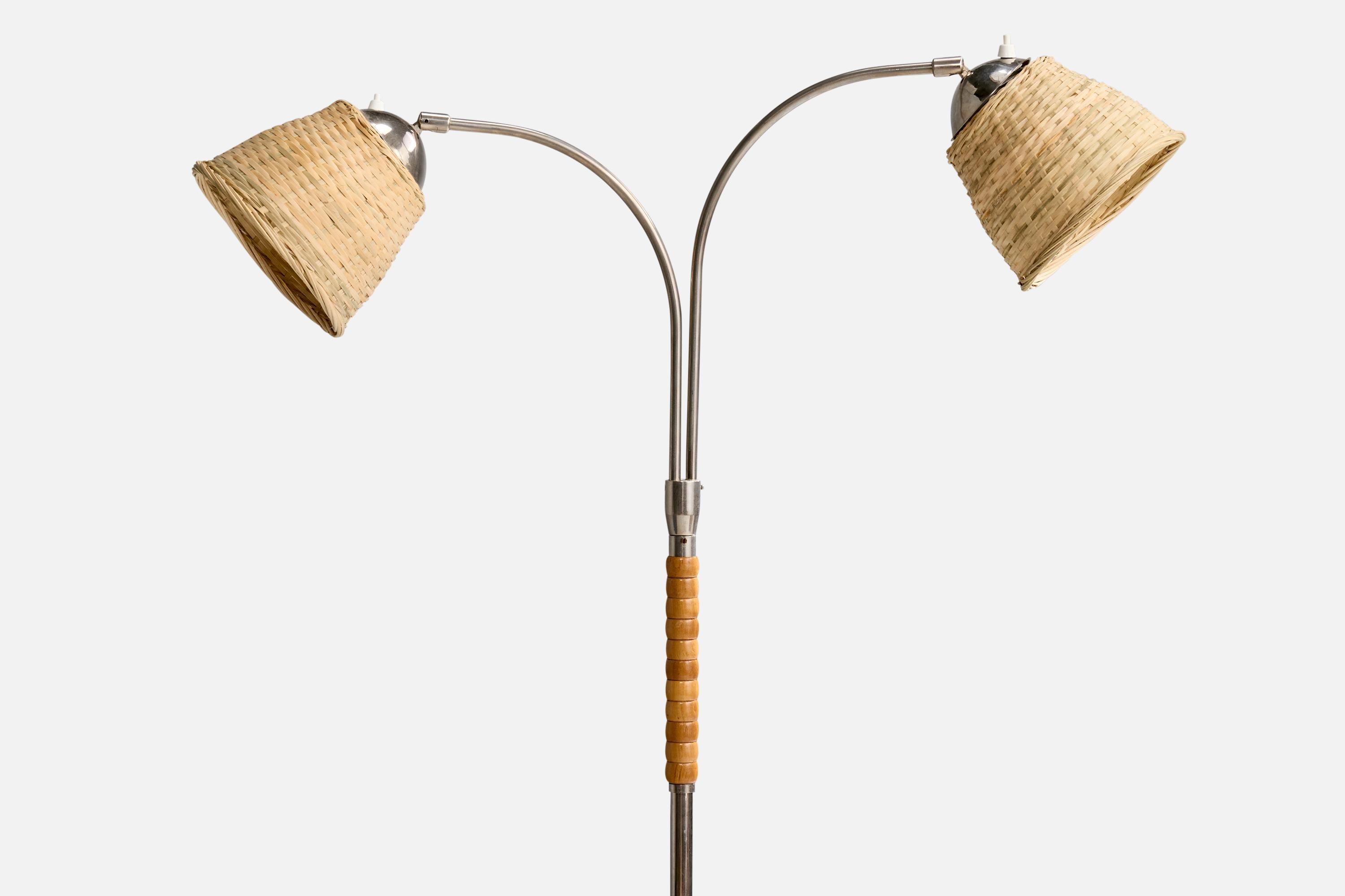 Scandinavian Modern Swedish Designer, Floor Lamp, Chrome, Wood, Rattan, Sweden, 1940s For Sale
