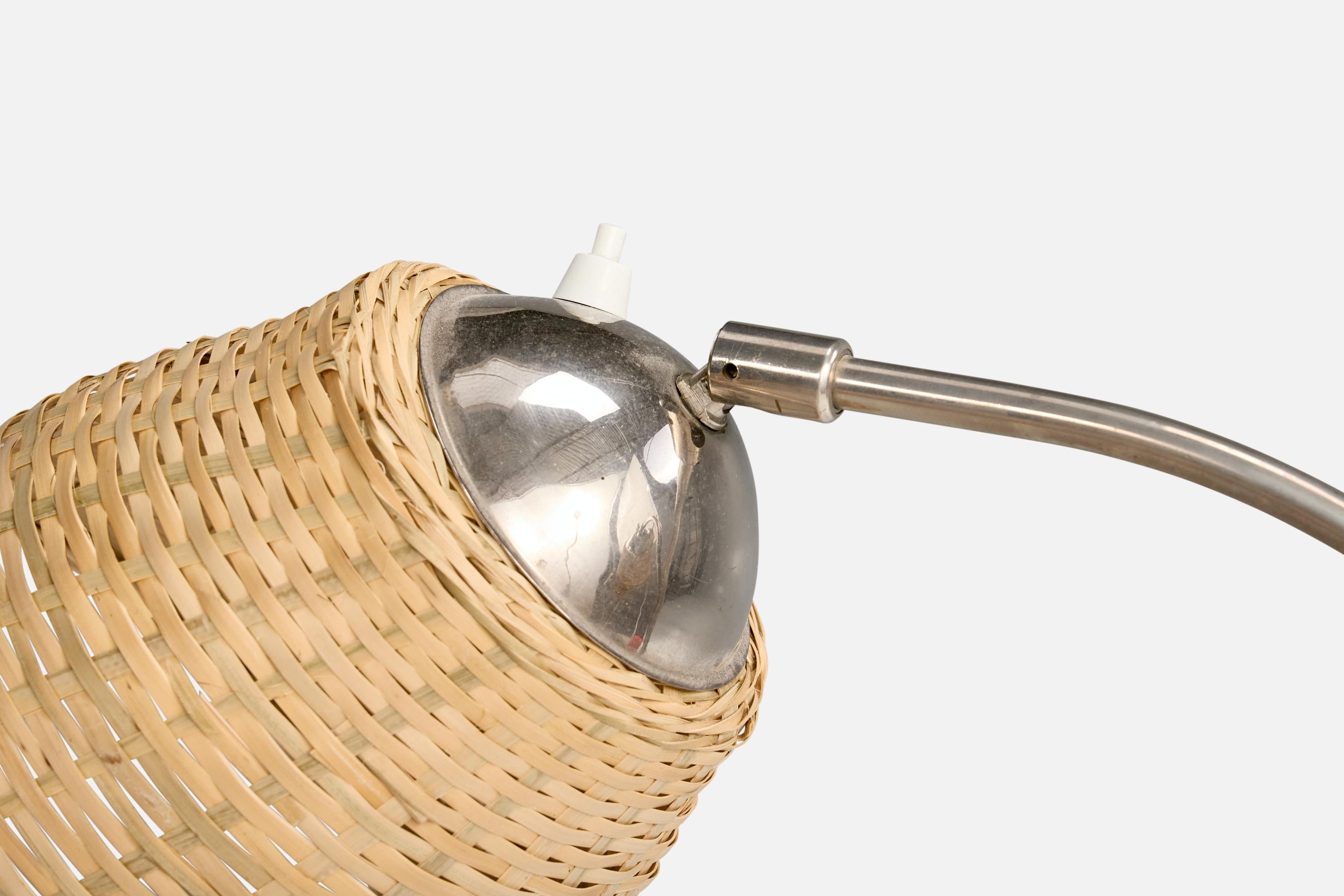 Mid-20th Century Swedish Designer, Floor Lamp, Chrome, Wood, Rattan, Sweden, 1940s For Sale