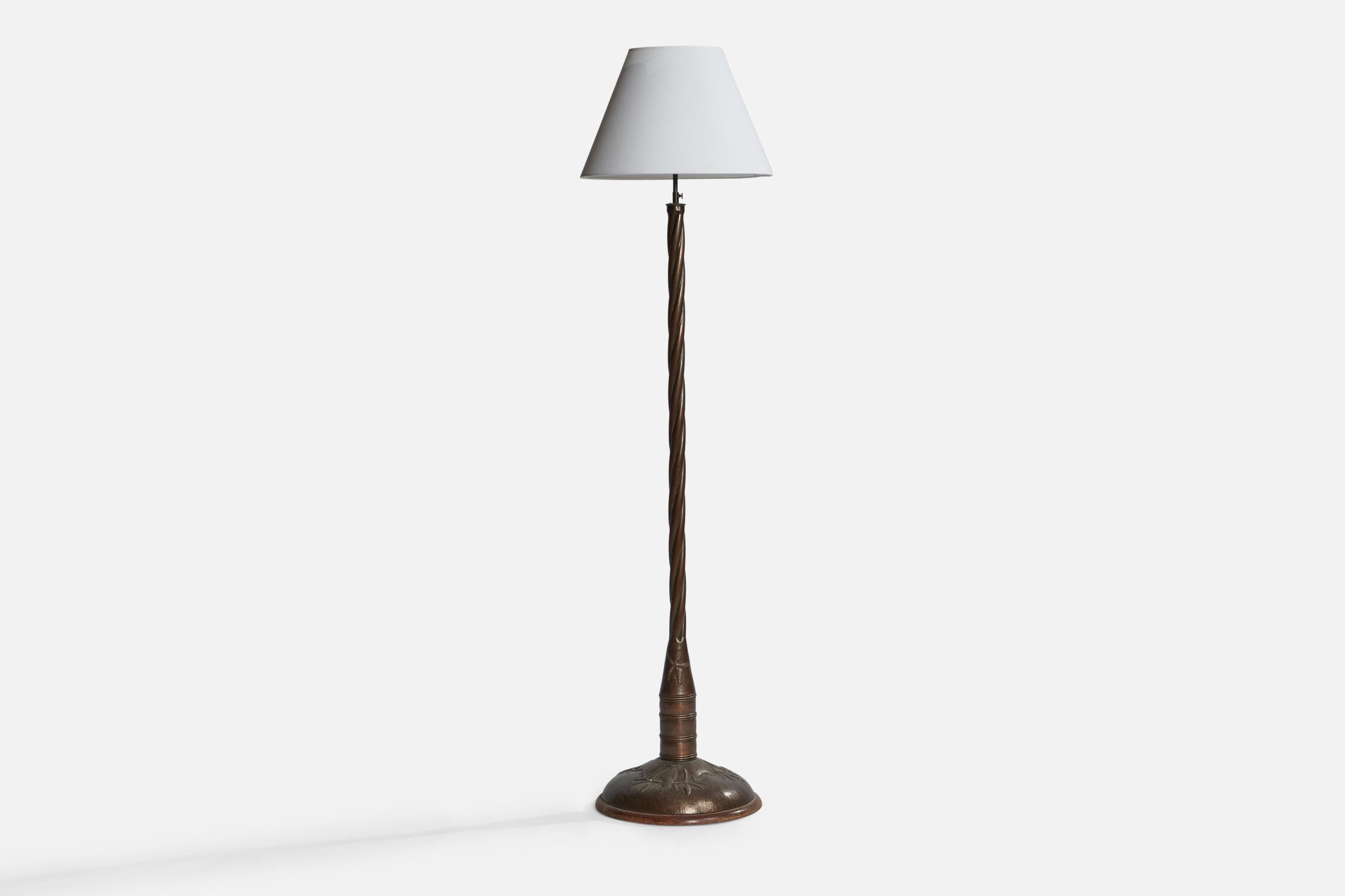 A sizeable copper and fabric floor lamp designed and produced in Sweden, 1920s.

Overall Dimensions (inches): 75.5” H x 19.1” Diameter. Stated dimensions include shade.
Bulb Specifications: E-26 Bulbs
Number of Sockets: 2
All lighting will be