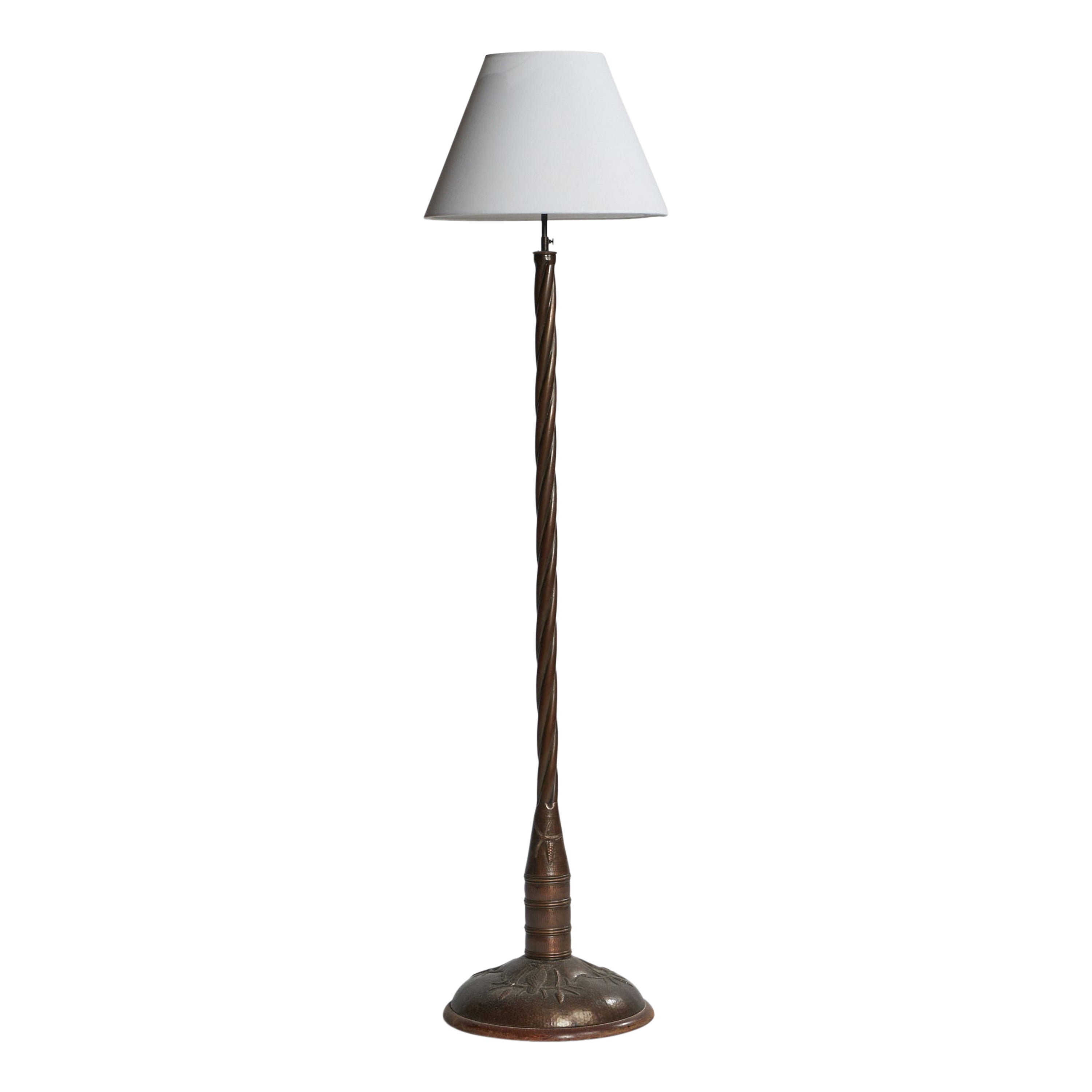 Swedish Designer, Floor Lamp, Copper, Fabric, Sweden, 1920s