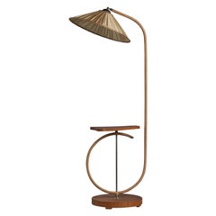 Swedish Designer, Floor Lamp, Cord, Elm, Brass, Fabric, Sweden, 1930s