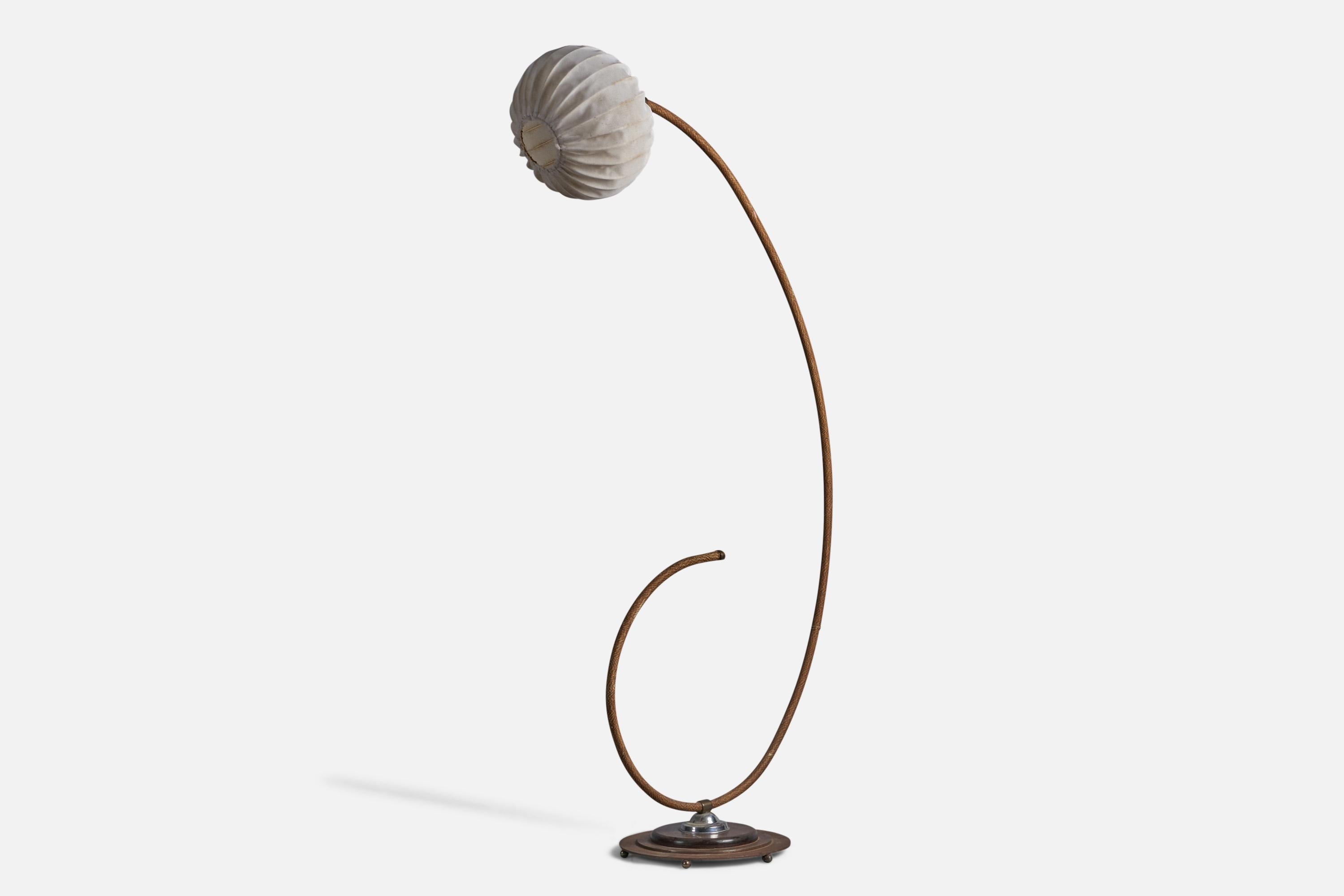 A curved cord, wood, metal, fabric floor lamp, designed and produced in Sweden, 1950s.

Overall Dimensions (inches): 68.5