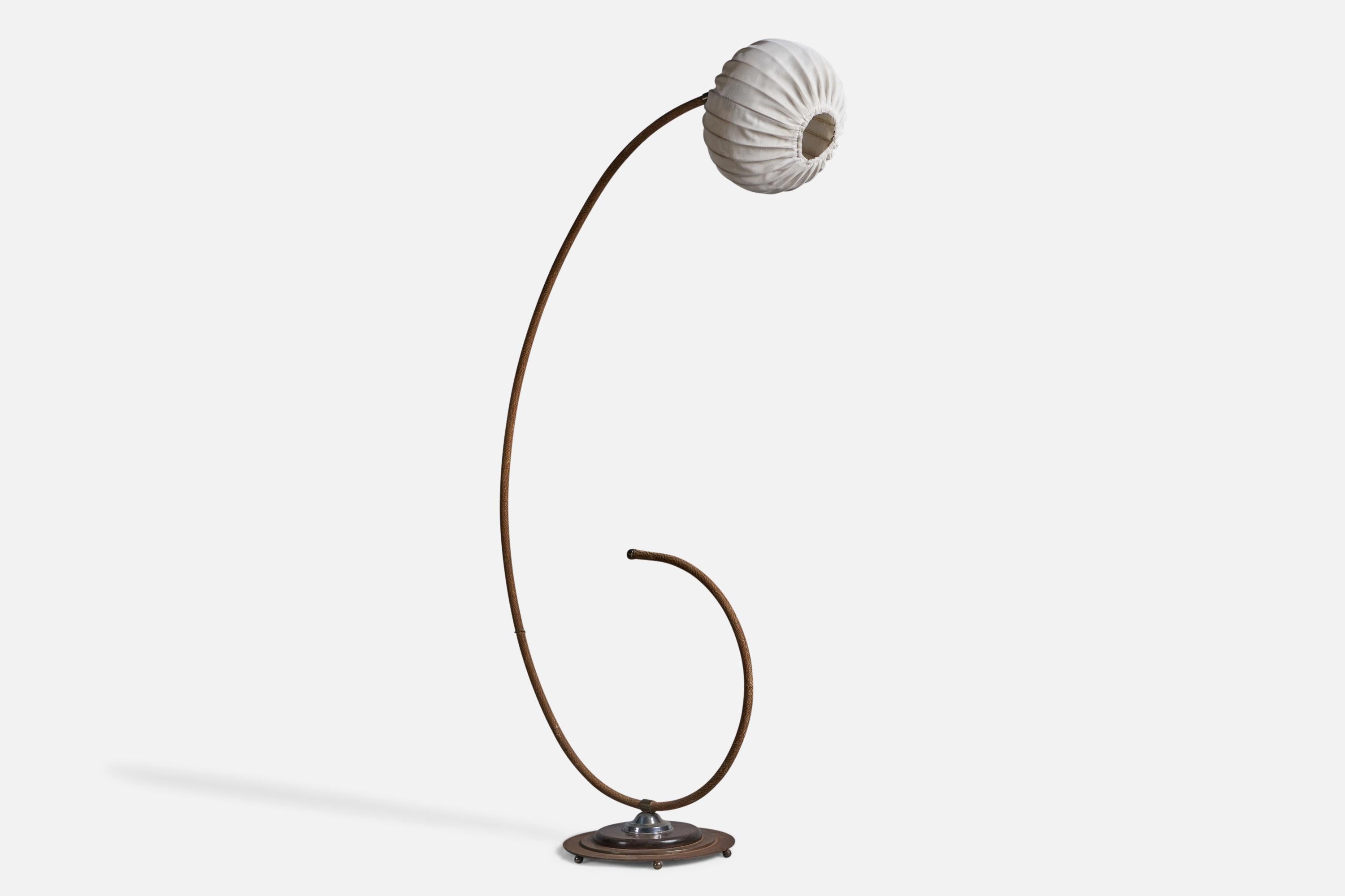 Scandinavian Modern Swedish Designer, Floor Lamp, Cord, Metal, Wood, Fabric, 1930s For Sale