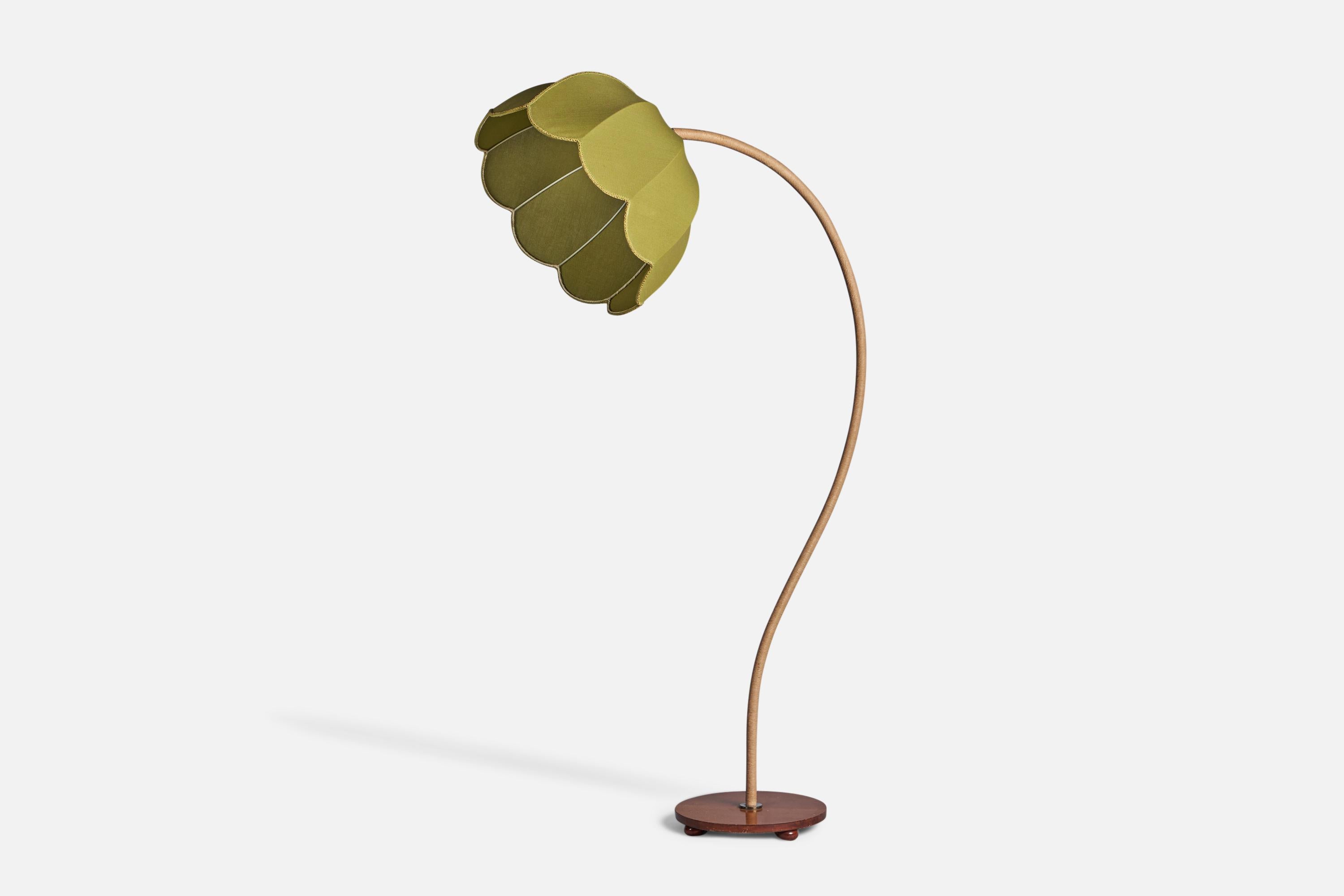 A curved wood, metal, cord, and green fabric floor lamp, designed and produced in Sweden, 1930s.

Overall Dimensions (inches): 63.5