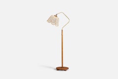 Swedish Designer, Floor Lamp, Elm, Brass, Embroidery Fabric, Sweden, 1930s