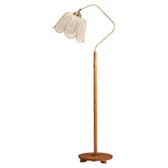 Vintage Swedish Designer, Floor Lamp, Elm, Brass, Embroidery Fabric, Sweden, 1930s