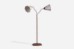 Swedish Designer, Floor lamp, Elm, Brass, Fabric, Sweden, 1930s