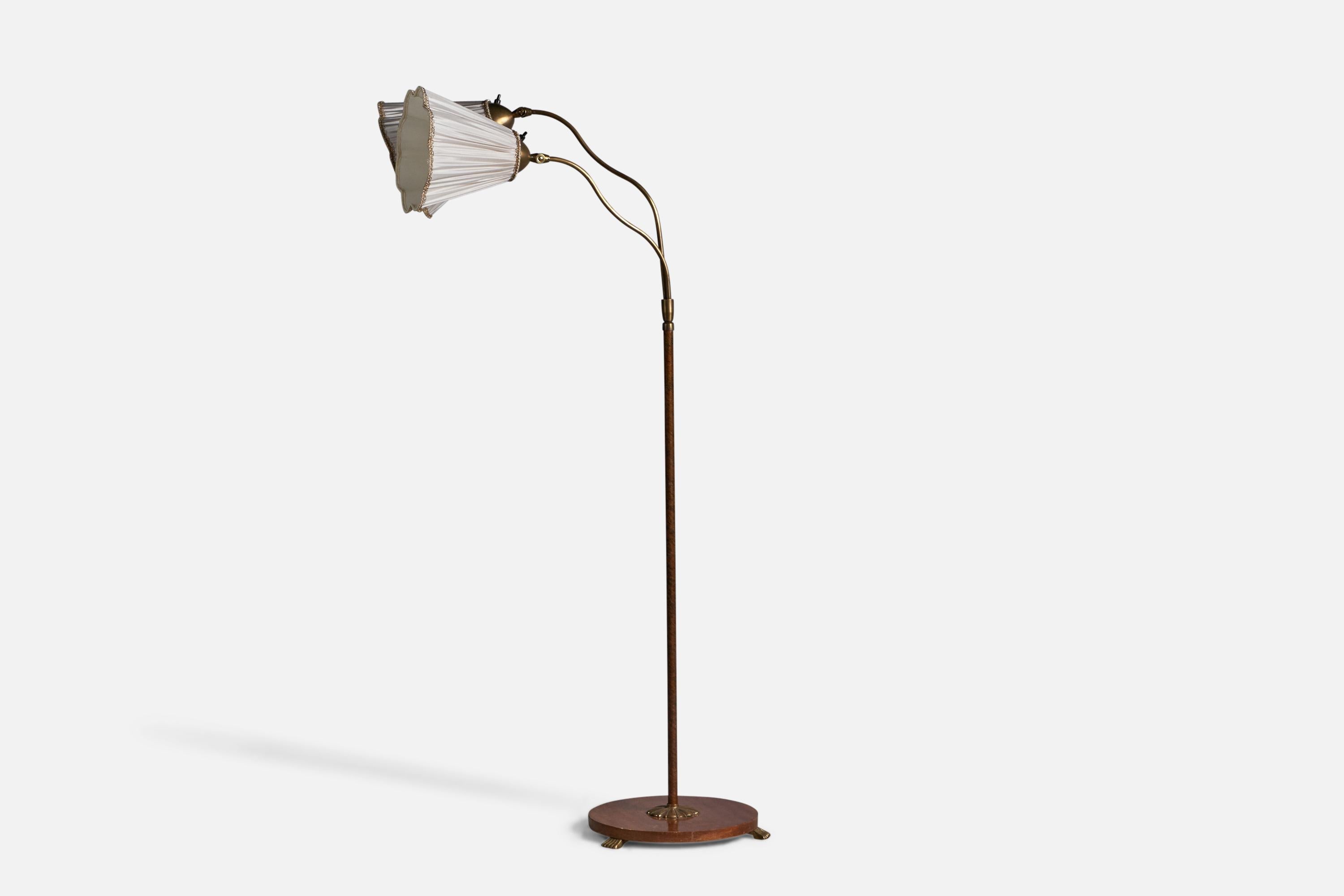 Organic Modern Swedish Designer, Floor lamp, Elm, Brass, Fabric, Sweden, 1930s
