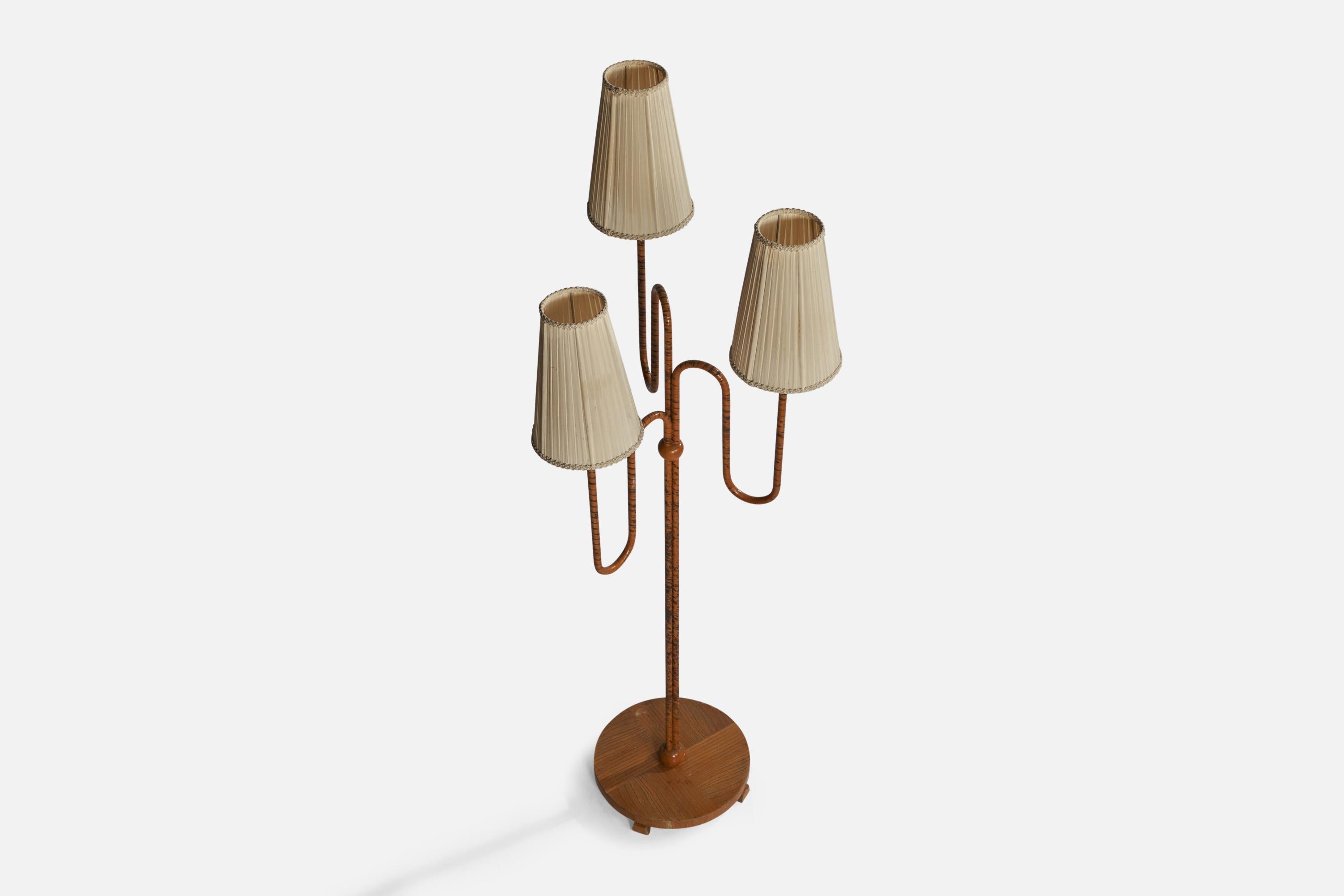 Scandinavian Modern Swedish Designer, Floor Lamp, Elm, Brass, Fabric, Sweden, 1930s For Sale