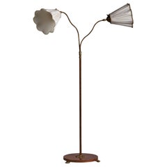 Swedish Designer, Floor lamp, Elm, Brass, Fabric, Sweden, 1930s