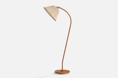 Swedish Designer, Floor Lamp, Elm, Brass, Fabric, Sweden, 1940s
