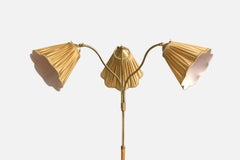 Swedish Designer, Floor Lamp, Elm, Brass, Fabric, Sweden, 1940s