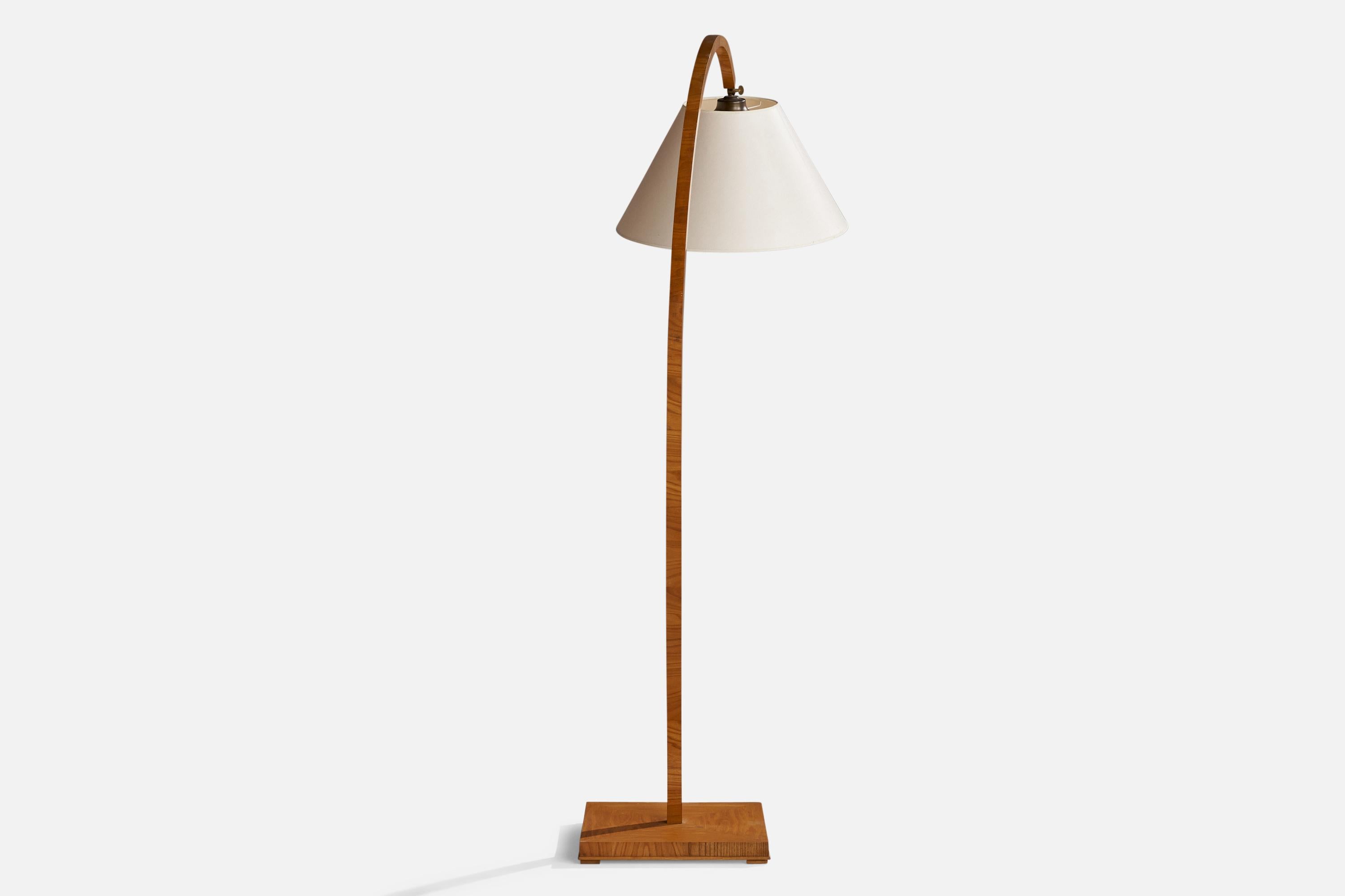 Scandinavian Modern Swedish Designer, Floor Lamp, Elm, Brass, Fabric, Sweden, 1940s For Sale