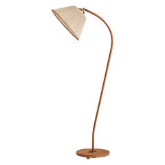 Swedish Designer, Floor Lamp, Elm, Brass, Fabric, Sweden, 1940s