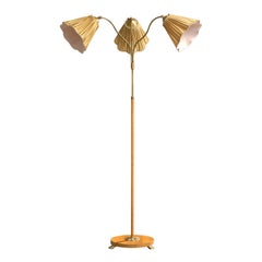 Swedish Designer, Floor Lamp, Elm, Brass, Fabric, Sweden, 1940s