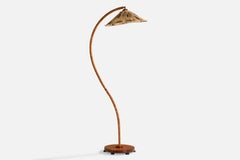 Swedish Designer, Floor Lamp, Elm, Fabric, Brass, Sweden, 1930s