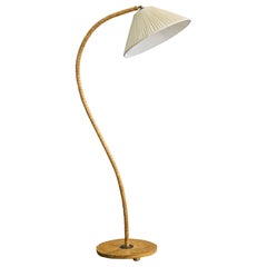 Swedish Designer, Floor Lamp, Elm, Fabric, Brass, Sweden, 1940s