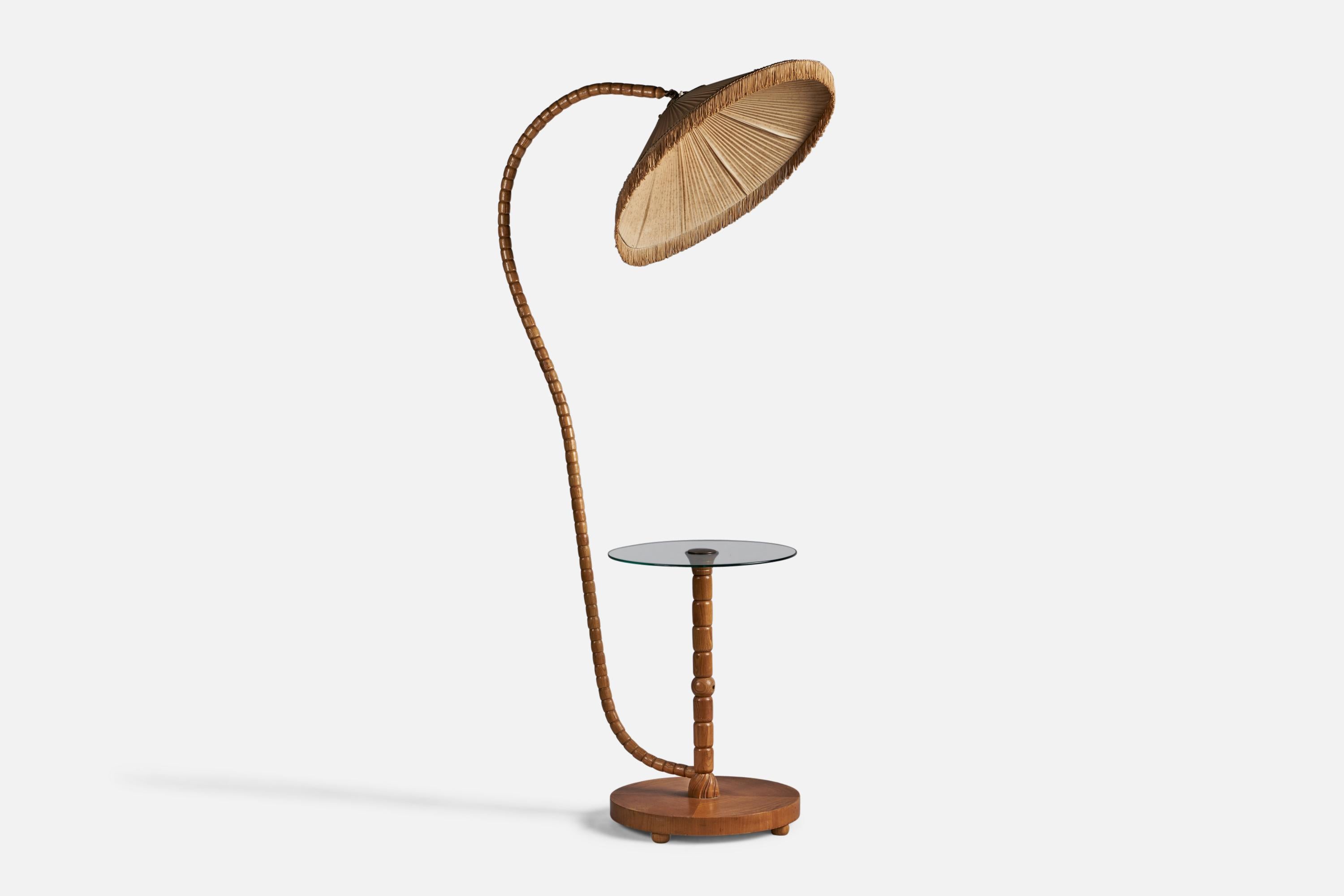 Swedish Designer, Floor Lamp, Glass, Fabric, Pine, Brass Sweden, 1930s For Sale 1