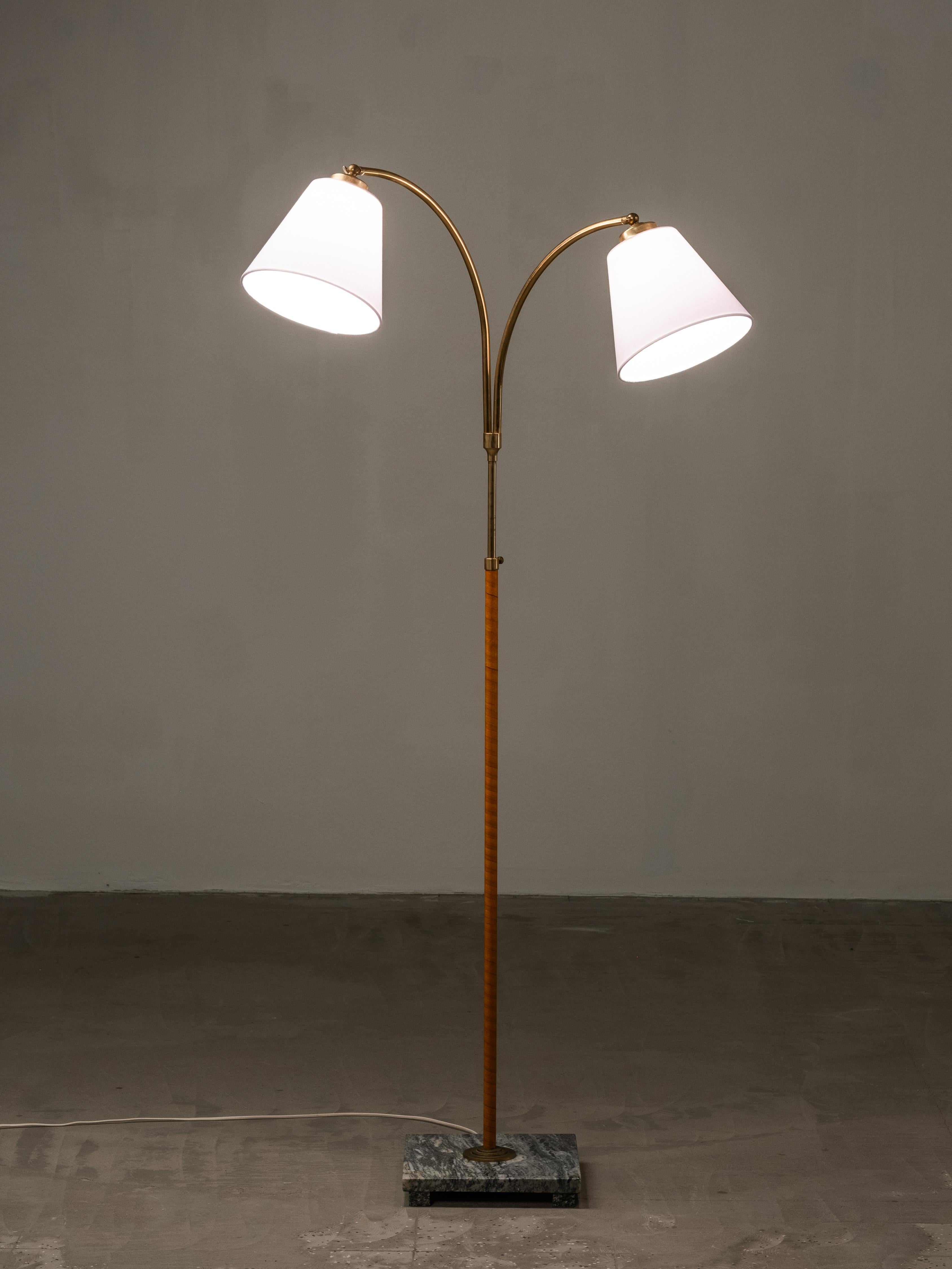 Swedish Designer, Floor Lamp in Brass, Birch and Blue-Grey Marble Base, 1940s For Sale 9