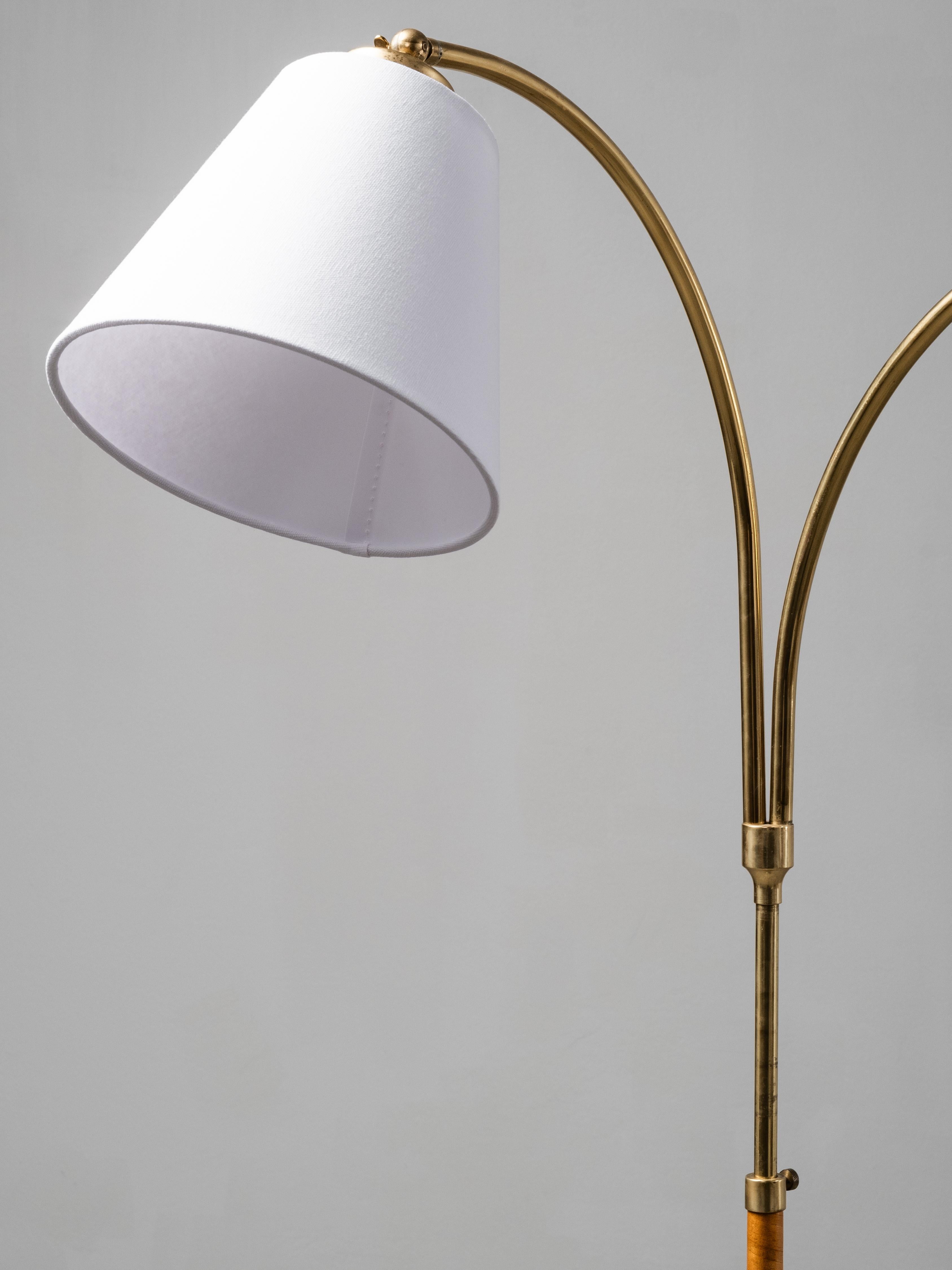 Scandinavian Modern Swedish Designer, Floor Lamp in Brass, Birch and Blue-Grey Marble Base, 1940s For Sale