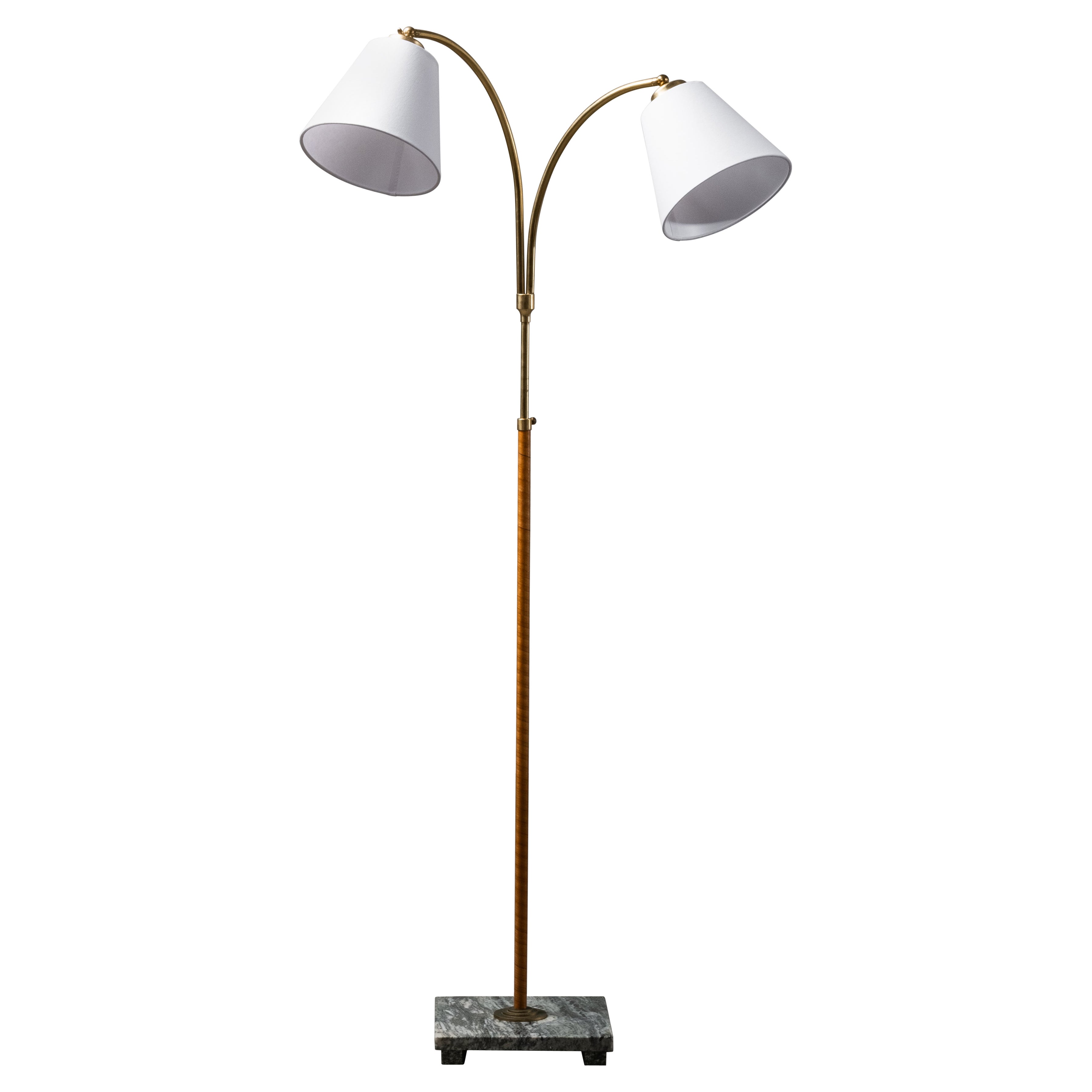 Swedish Designer, Floor Lamp in Brass, Birch and Blue-Grey Marble Base, 1940s For Sale