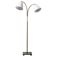 Swedish Designer, Floor Lamp in Brass, Birch and Blue-Grey Marble Base, 1940s