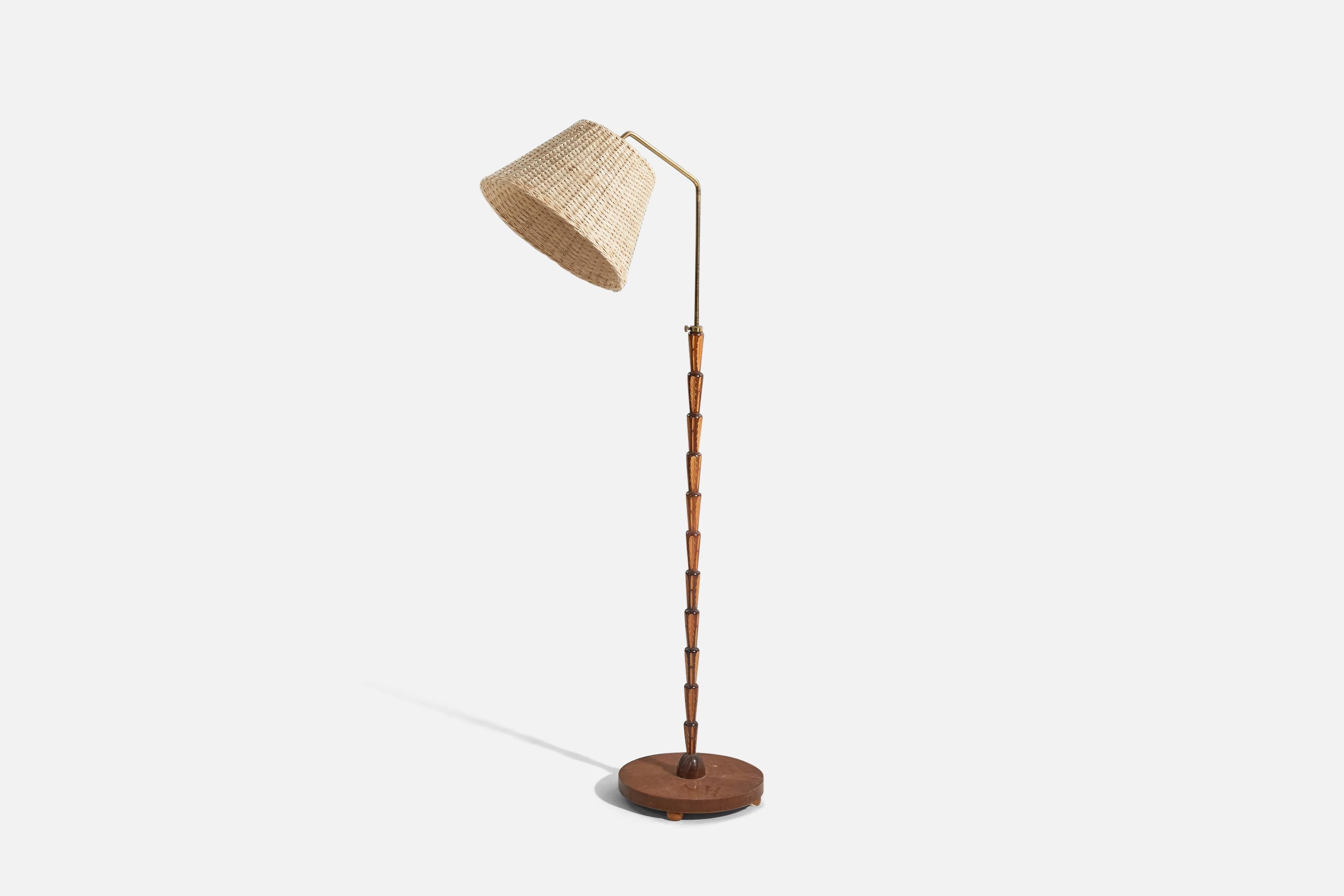Scandinavian Modern Swedish Designer, Floor Lamp, Inlaid Wood, Brass, Rattan, Sweden, 1930s For Sale