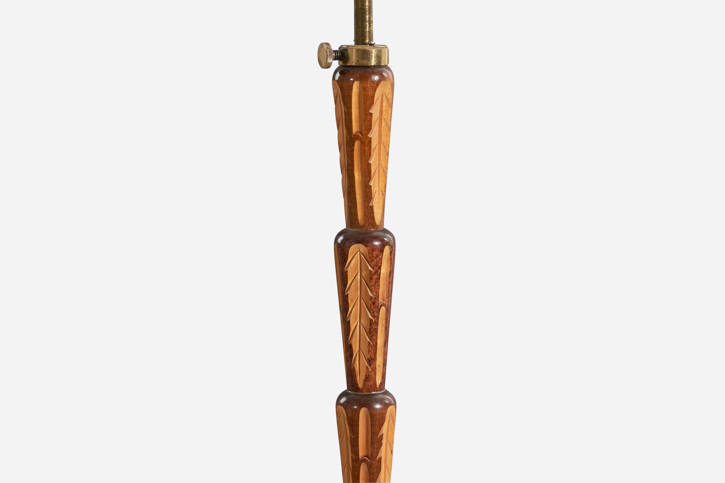 Swedish Designer, Floor Lamp, Inlaid Wood, Brass, Rattan, Sweden, 1930s In Good Condition For Sale In High Point, NC